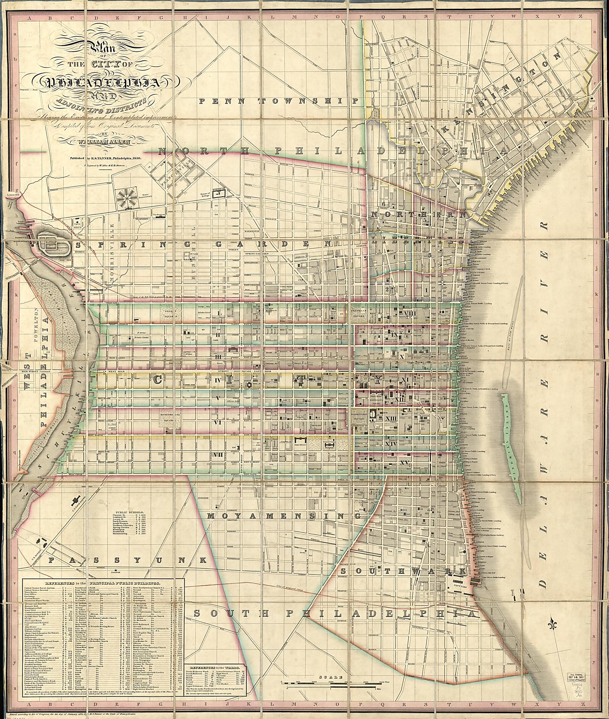 This old map of Plan of the City of Philadelphia and Adjoining Districts : Shewing the Existing and Contemplated Improvements from 1830 was created by William Allen, E. B. Dawson, Henry Schenck Tanner in 1830