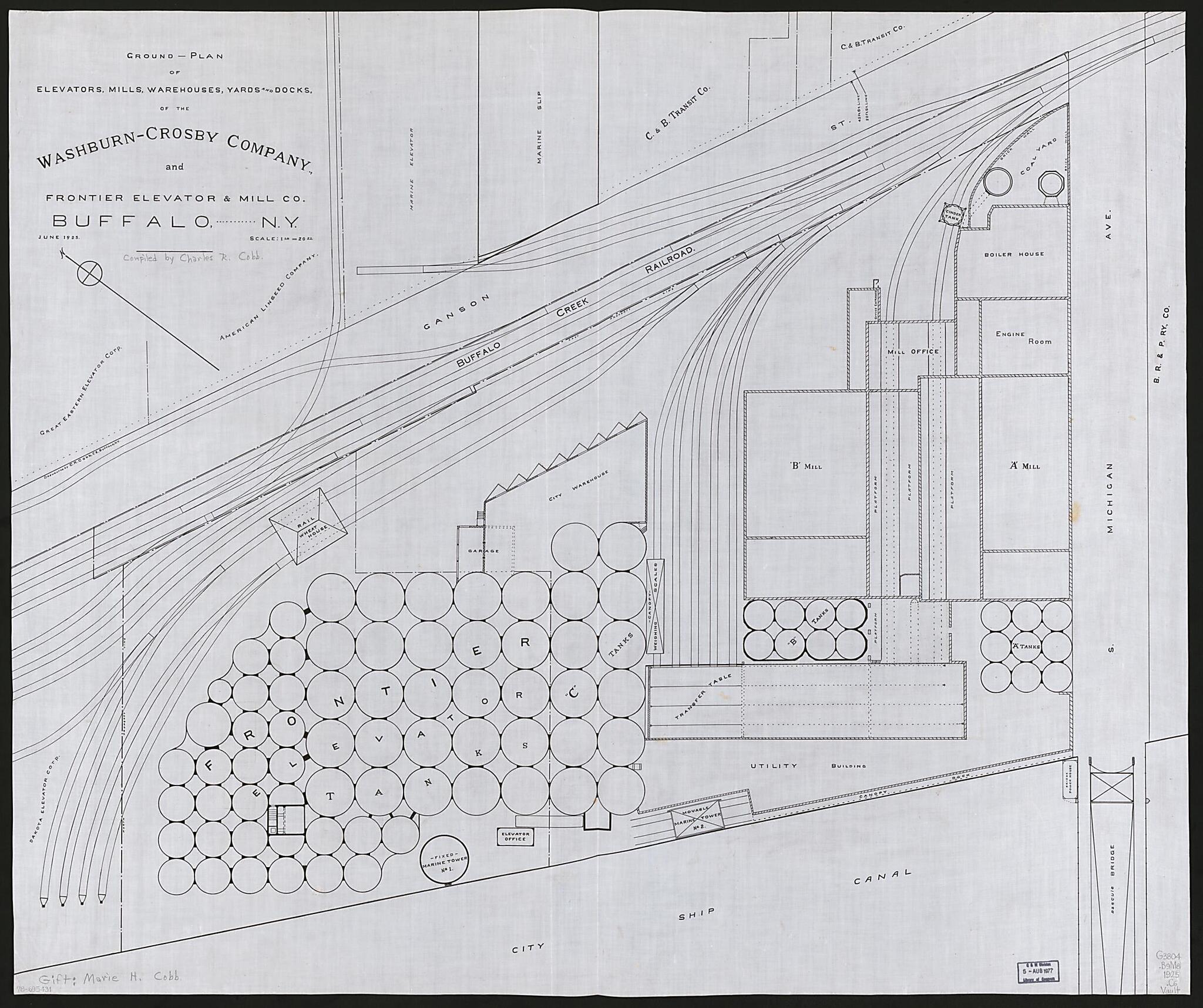 This old map of Plan of Elevators, Mills, Warehouses, Yards and Docks of the Washburn-Crosby Company and Frontier Elevator & Mill County, Buffalo, New York from 1925 was created by Charles R. Cobb, Frontier Elevator & Mill Co, Crosby Co in 1925