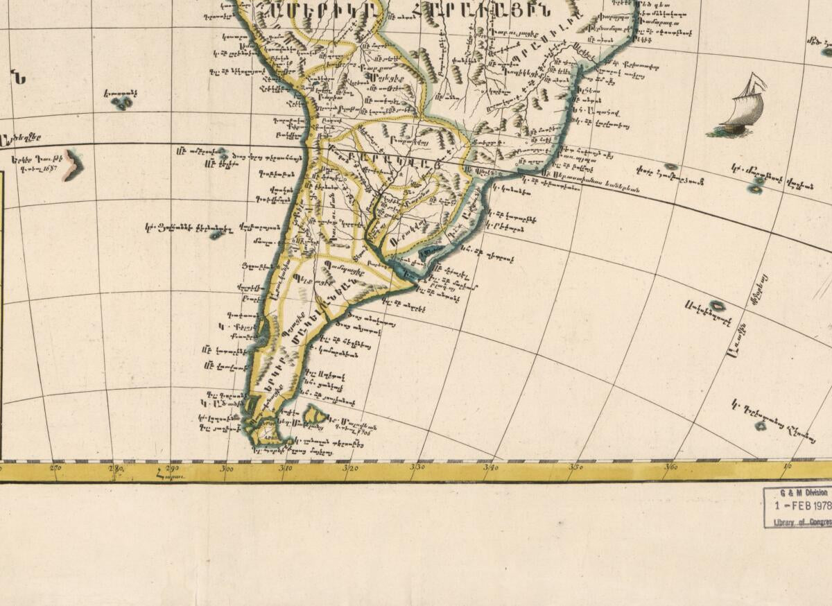 This old map of Amerika, ěst Nor Ashkharhagrakan Znnutʻeantsʻ : Pʻoragreal I Vēnētik I Vans Srboyn Ghazaru I Tʻuis Merum 1236, from 1787 was created by Elia Endasian,  Mkhitʻarean Miabanutʻiwn I Venetik in 1787