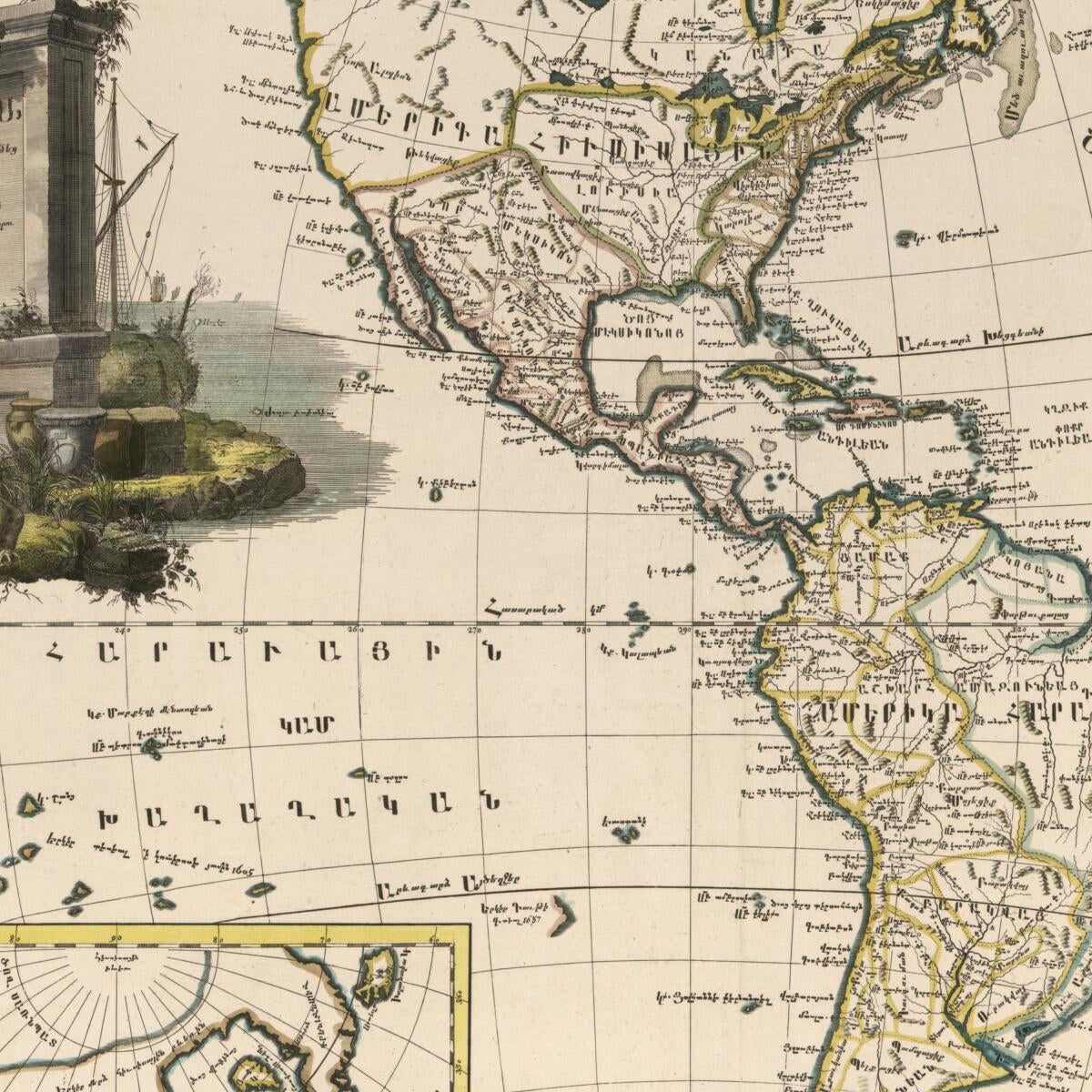 This old map of Amerika, ěst Nor Ashkharhagrakan Znnutʻeantsʻ : Pʻoragreal I Vēnētik I Vans Srboyn Ghazaru I Tʻuis Merum 1236, from 1787 was created by Elia Endasian,  Mkhitʻarean Miabanutʻiwn I Venetik in 1787