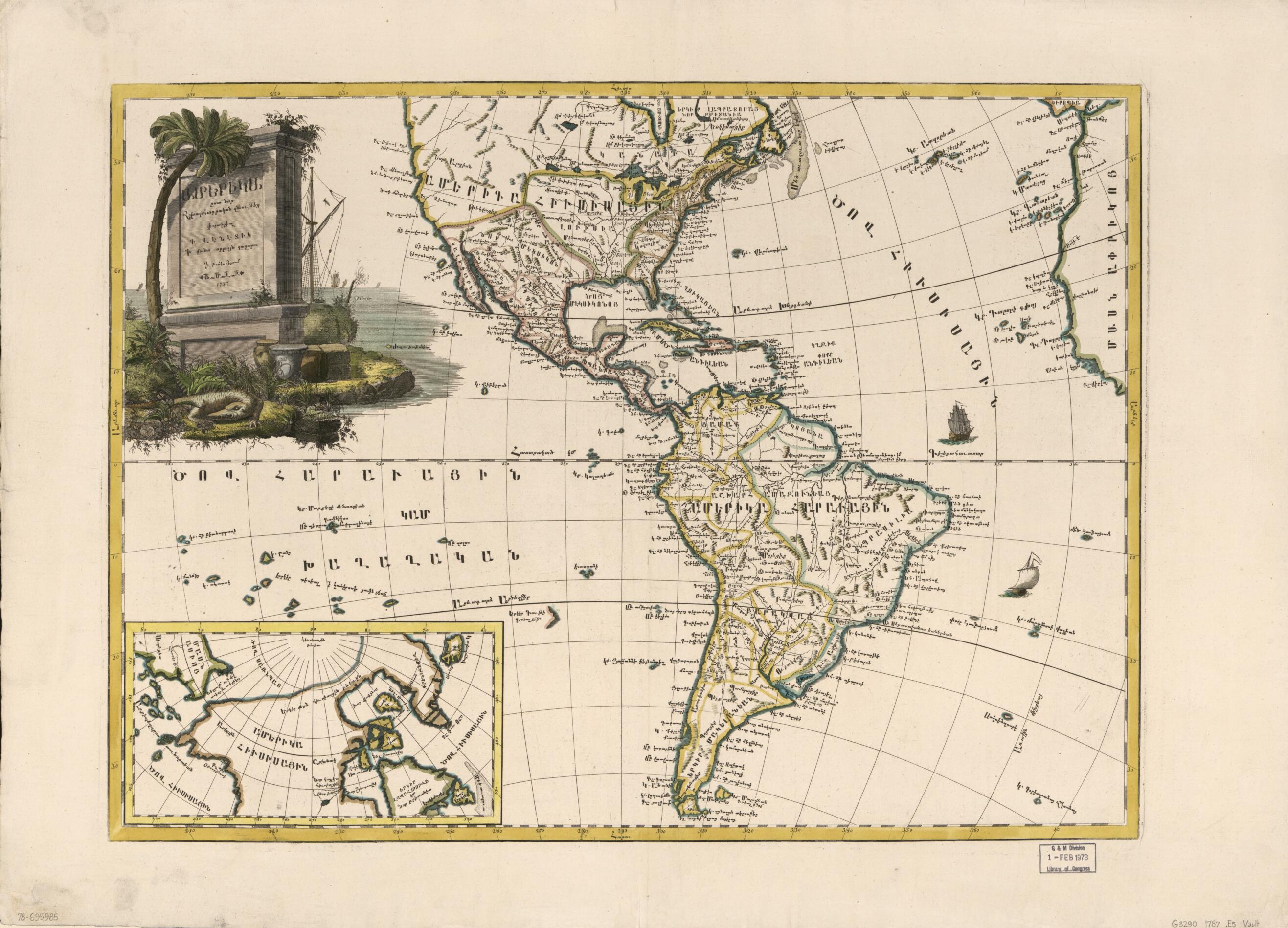 This old map of Amerika, ěst Nor Ashkharhagrakan Znnutʻeantsʻ : Pʻoragreal I Vēnētik I Vans Srboyn Ghazaru I Tʻuis Merum 1236, from 1787 was created by Elia Endasian, Mkhitʻarean Miabanutʻiwn I Venetik in 1787