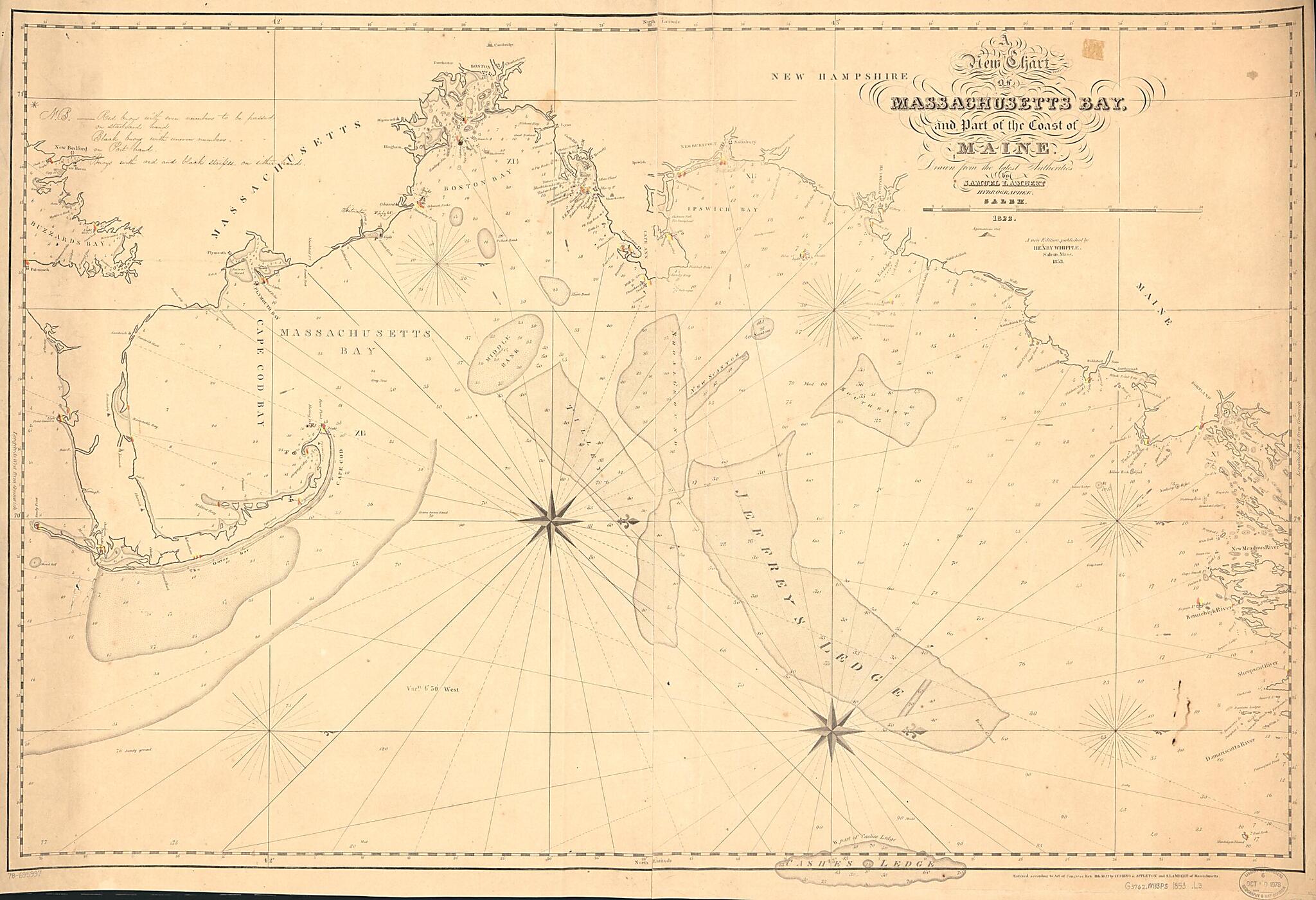 This old map of A New Chart of Massachusetts Bay, and Part of the Coast of Maine from 1853 was created by Cushing & Appleton, Samuel Lambert, Henry Whipple in 1853