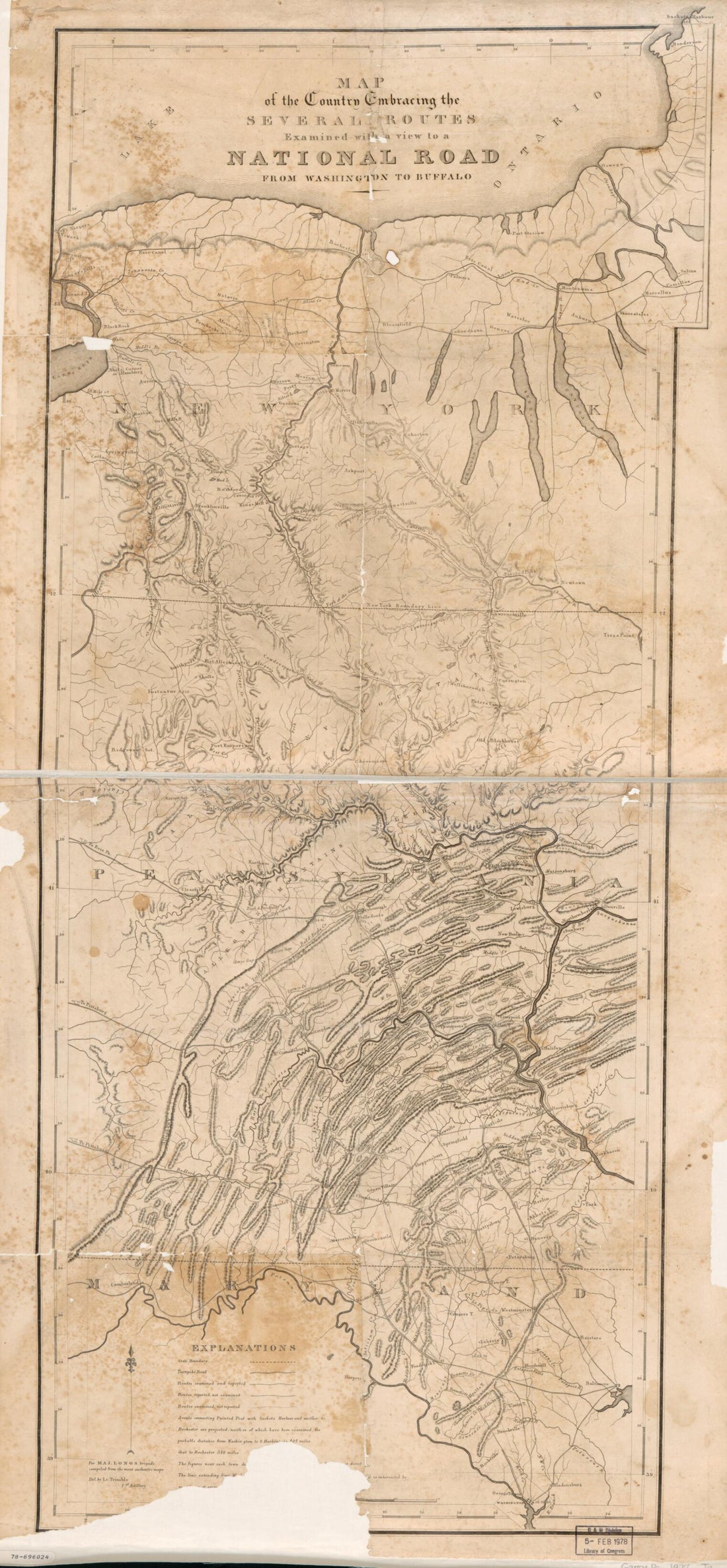 This old map of Map of the Country Embracing the Several Routes Examined With a View to a National Road from Washington to Buffalo from 1827 was created by Josiah Bartlett, Stephen Harriman Long, Isaac Ridgeway Trimble, United States. Congress. House in