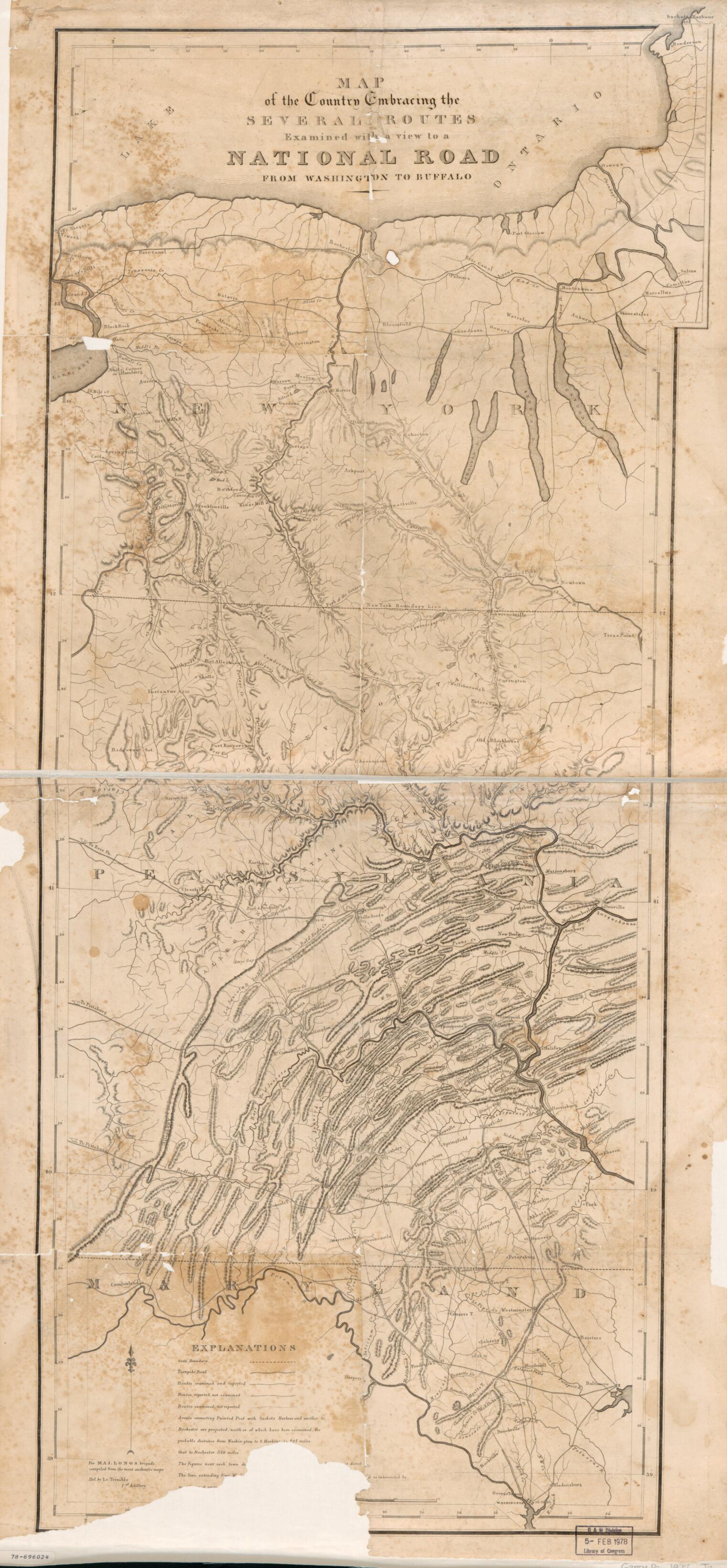 This old map of Map of the Country Embracing the Several Routes Examined With a View to a National Road from Washington to Buffalo from 1827 was created by Josiah Bartlett, Stephen Harriman Long, Isaac Ridgeway Trimble, United States. Congress. House in