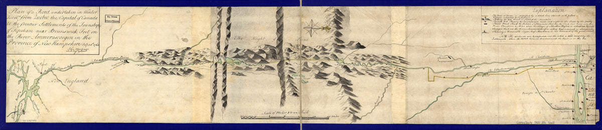Plan of a Rout Undertaken In Winter, Jany. 26th, from Quebec, the Capital of Canada, to the Frontier Settlements of the Township of Topsham Near Brunswick Fort On the River Ammerascaegun In the Province of New Hampshire, Feby. 20th 1760 by Relic Map Company