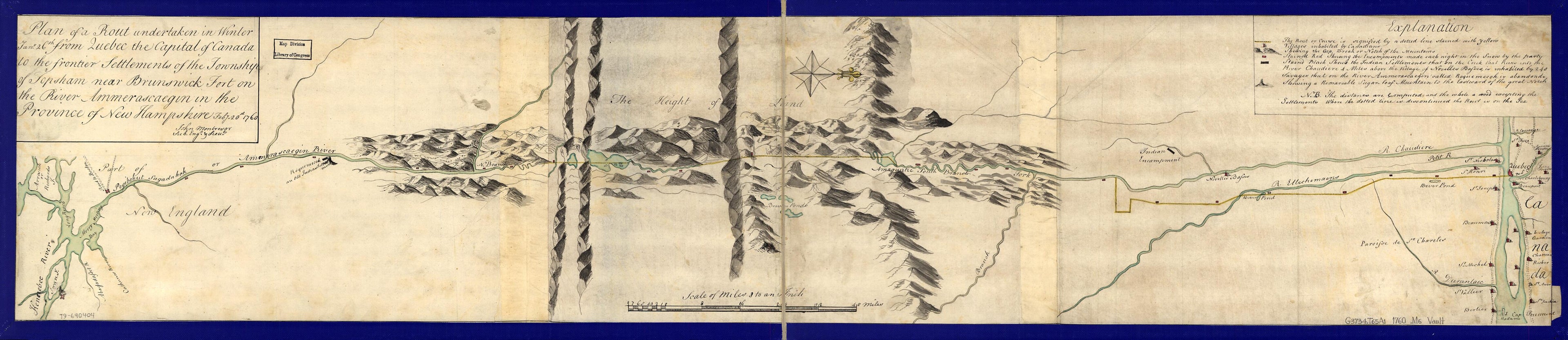 This old map of Plan of a Rout Undertaken In Winter, Jany. 26th, from Quebec, the Capital of Canada, to the Frontier Settlements of the Township of Topsham Near Brunswick Fort On the River Ammerascaegun In the Province of New Hampshire, Feby. 20th from 1