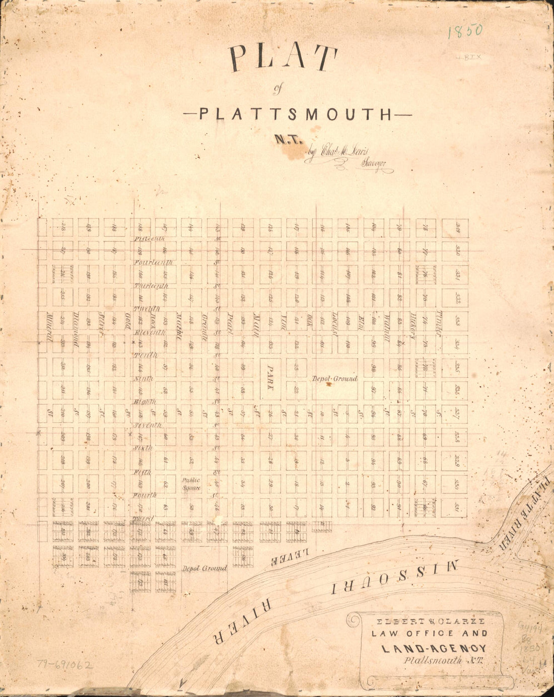 This old map of Plat of Plattsmouth, N.T from 1850 was created by Elbert & Clarke, Charles M. Lewis in 1850