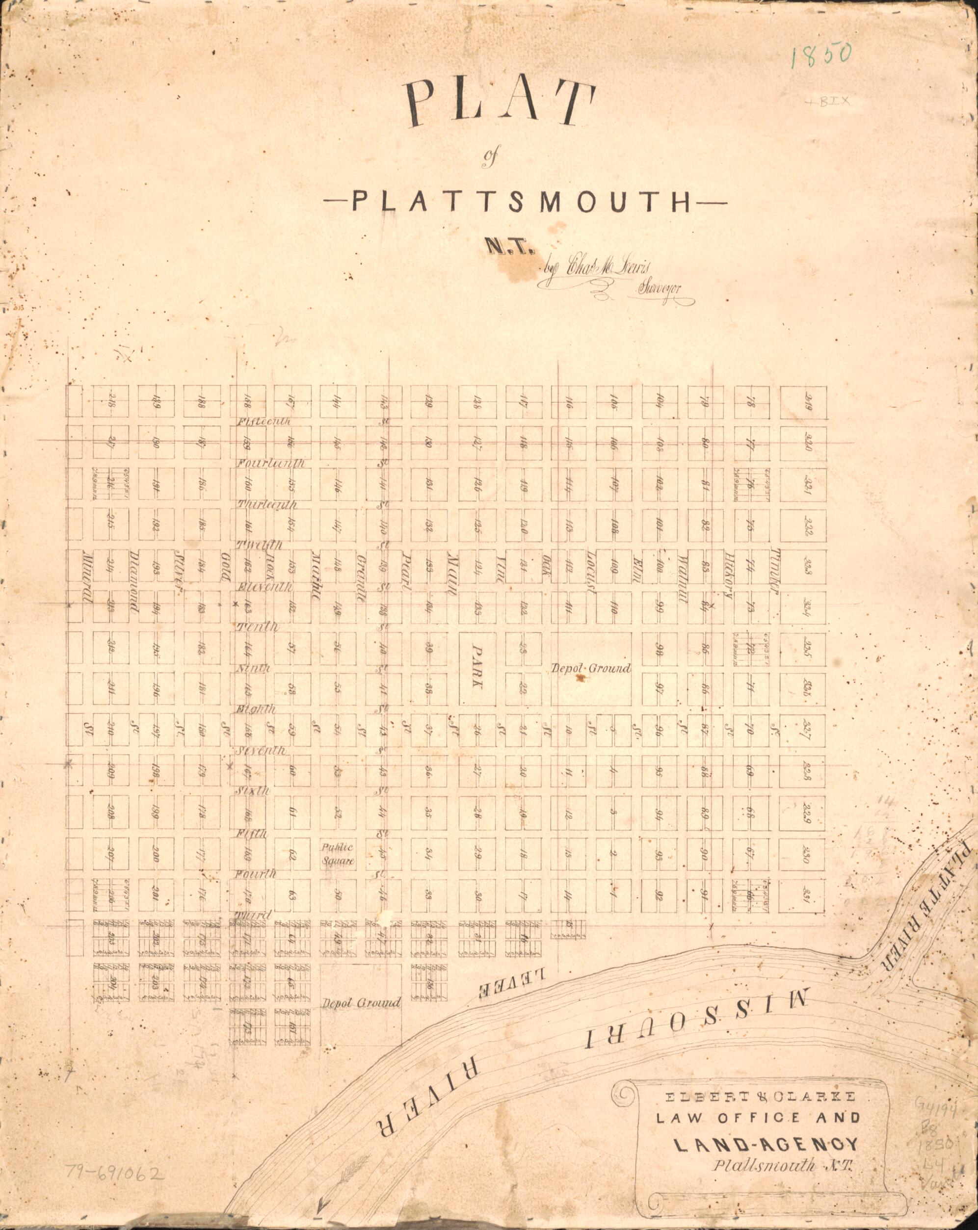 This old map of Plat of Plattsmouth, N.T from 1850 was created by Elbert & Clarke, Charles M. Lewis in 1850