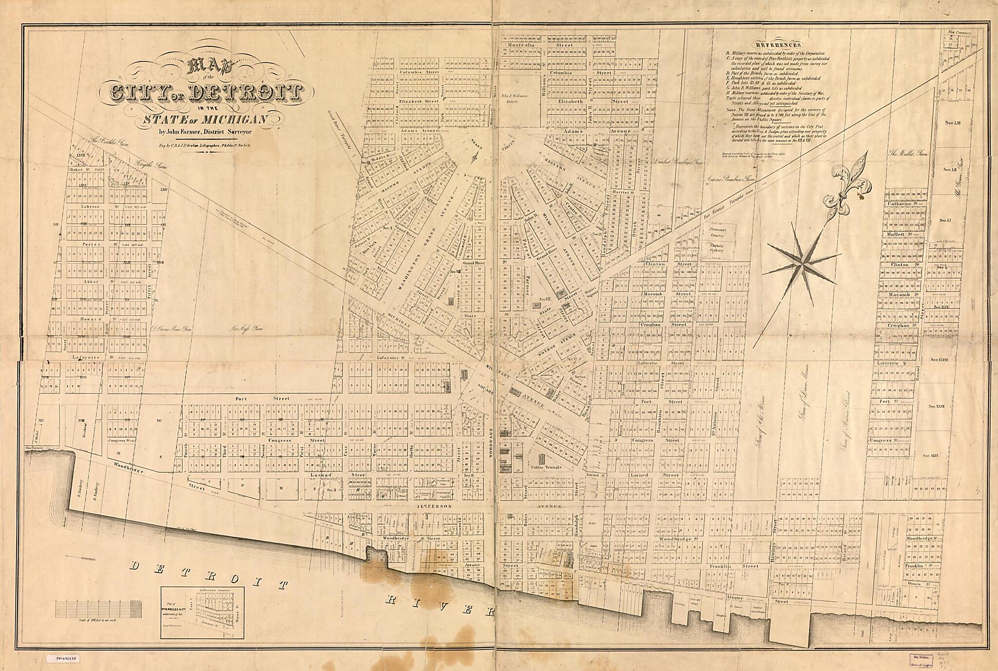 This old map of Map of the City of Detroit In the State of Michigan from 1835 was created by C.B. & J.R. Graham Lithographers, John Farmer in 1835
