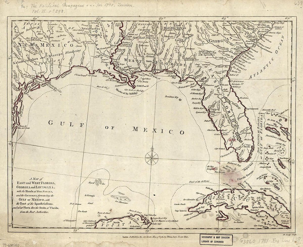 A Map of East and West Florida, Georgia, and Louisiana : With the Islands of Cuba, Bahama, and the Countries Surrounding the Gulf of Mexico, With the Tract of the Spanish Galleons, and of Our Fleets Thro&