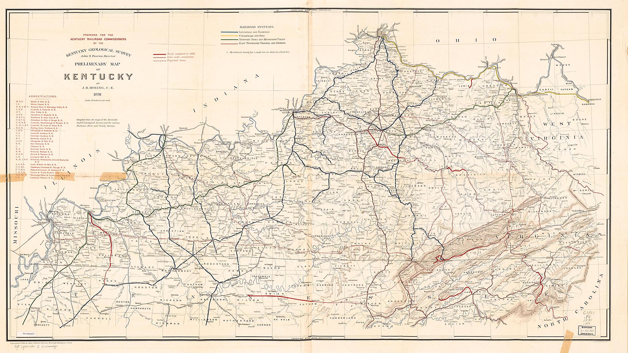 This old map of Preliminary Map of Kentucky from 1891 was created by Joseph Bernard Hoeing, Kentucky Geological Survey, Kentucky. Railroad Commission in 1891