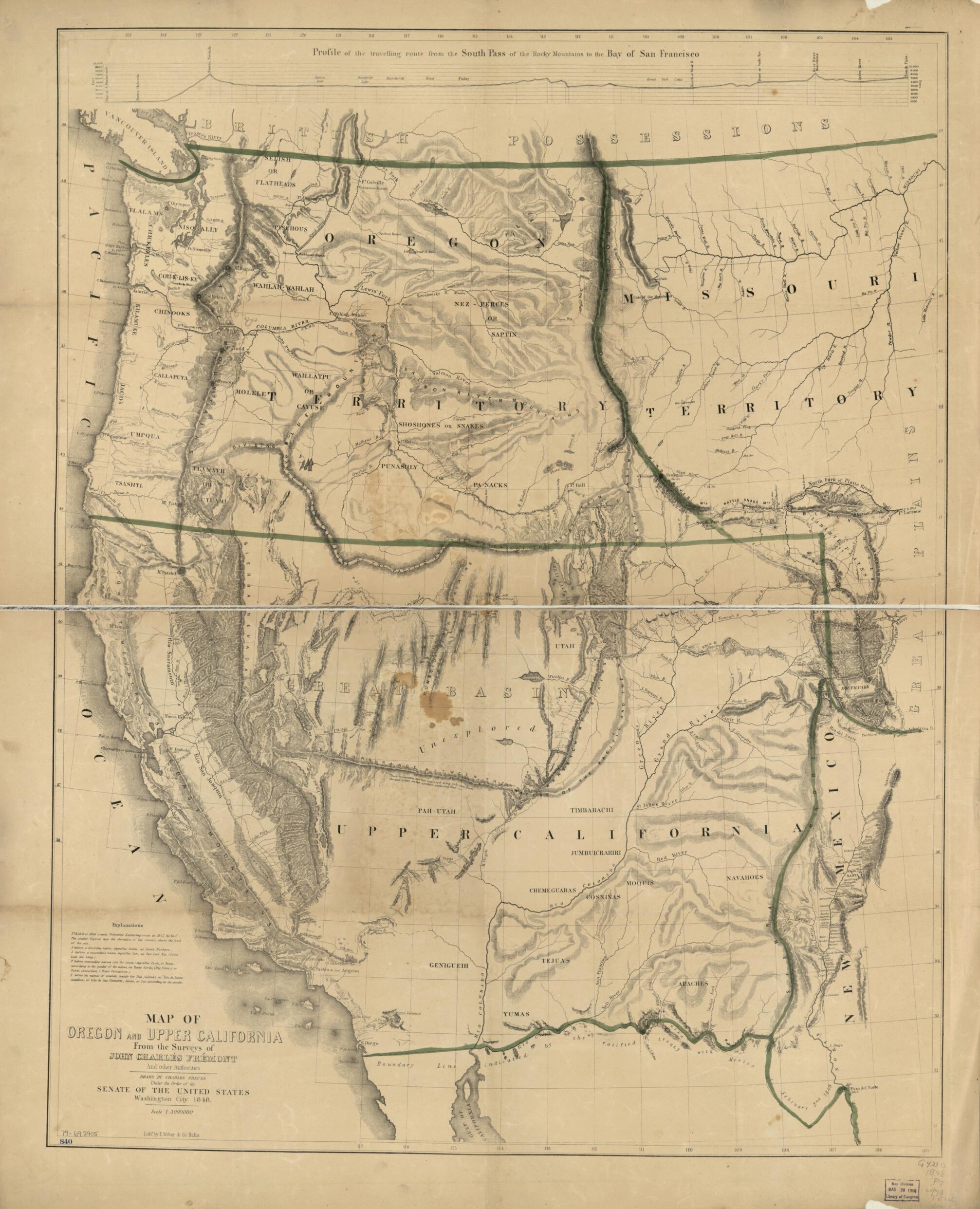 This old map of Map of Oregon and Upper California from the Surveys of John Charles Frémont and Other Authorities from 1848 was created by Stephen A. (Stephen Arnold) Douglas, Edward Weber & Co, Millard Fillmore, John Charles Frémont, Charles Preuss,