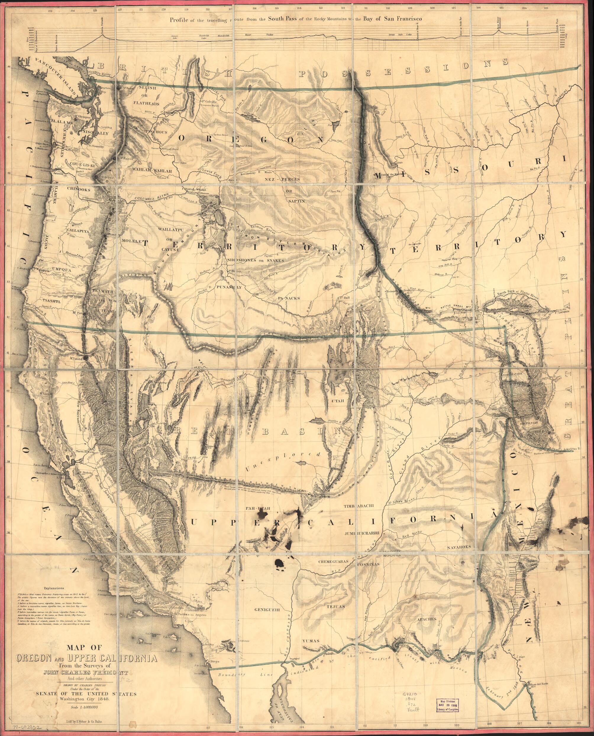 This old map of Map of Oregon and Upper California from the Surveys of John Charles Frémont and Other Authorities from 1848 was created by Edward Weber & Co, Millard Fillmore, John Charles Frémont, Charles Preuss, United States. Congress. Senate in 1848