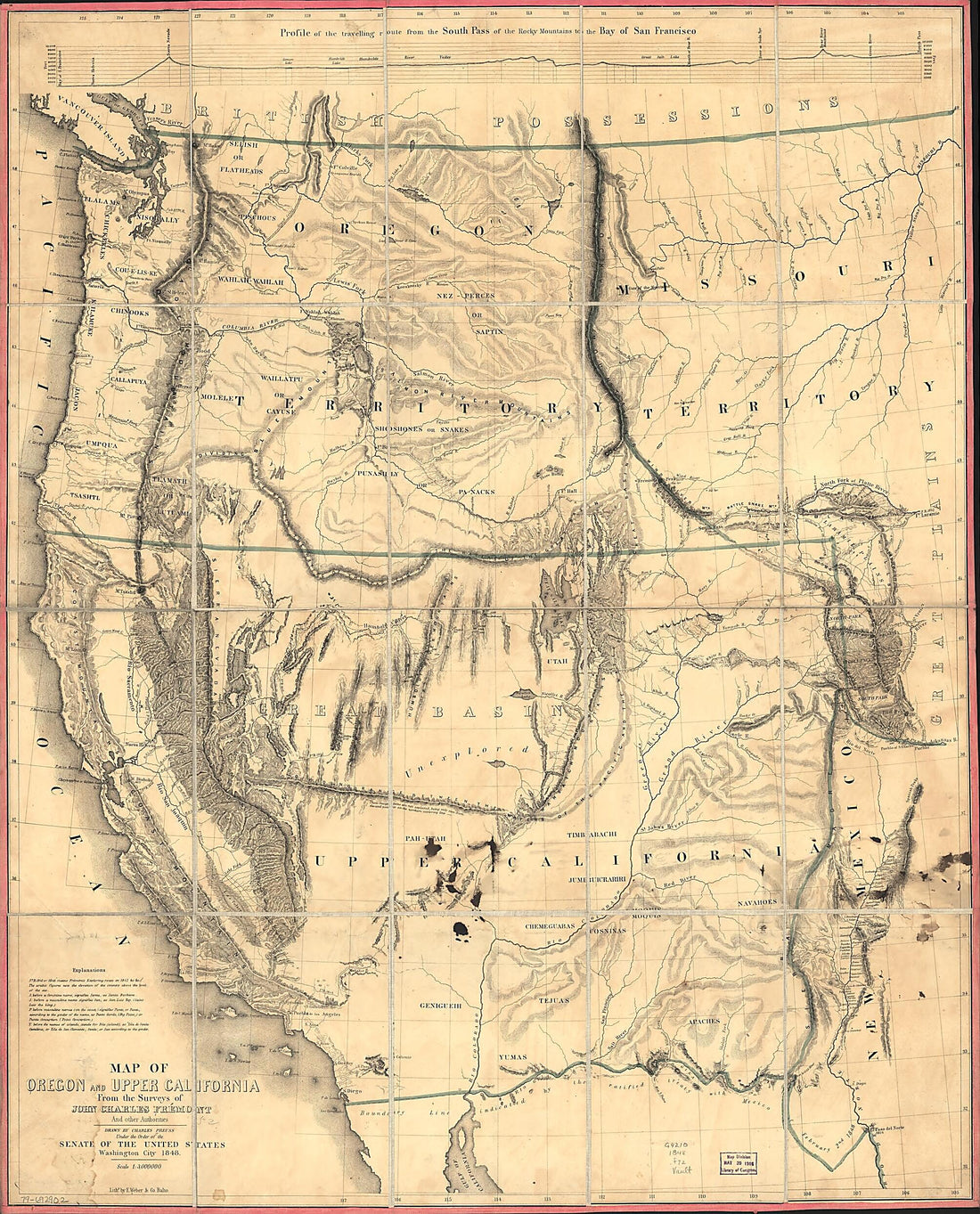 This old map of Map of Oregon and Upper California from the Surveys of John Charles Frémont and Other Authorities from 1848 was created by Edward Weber & Co, Millard Fillmore, John Charles Frémont, Charles Preuss, United States. Congress. Senate in 1
