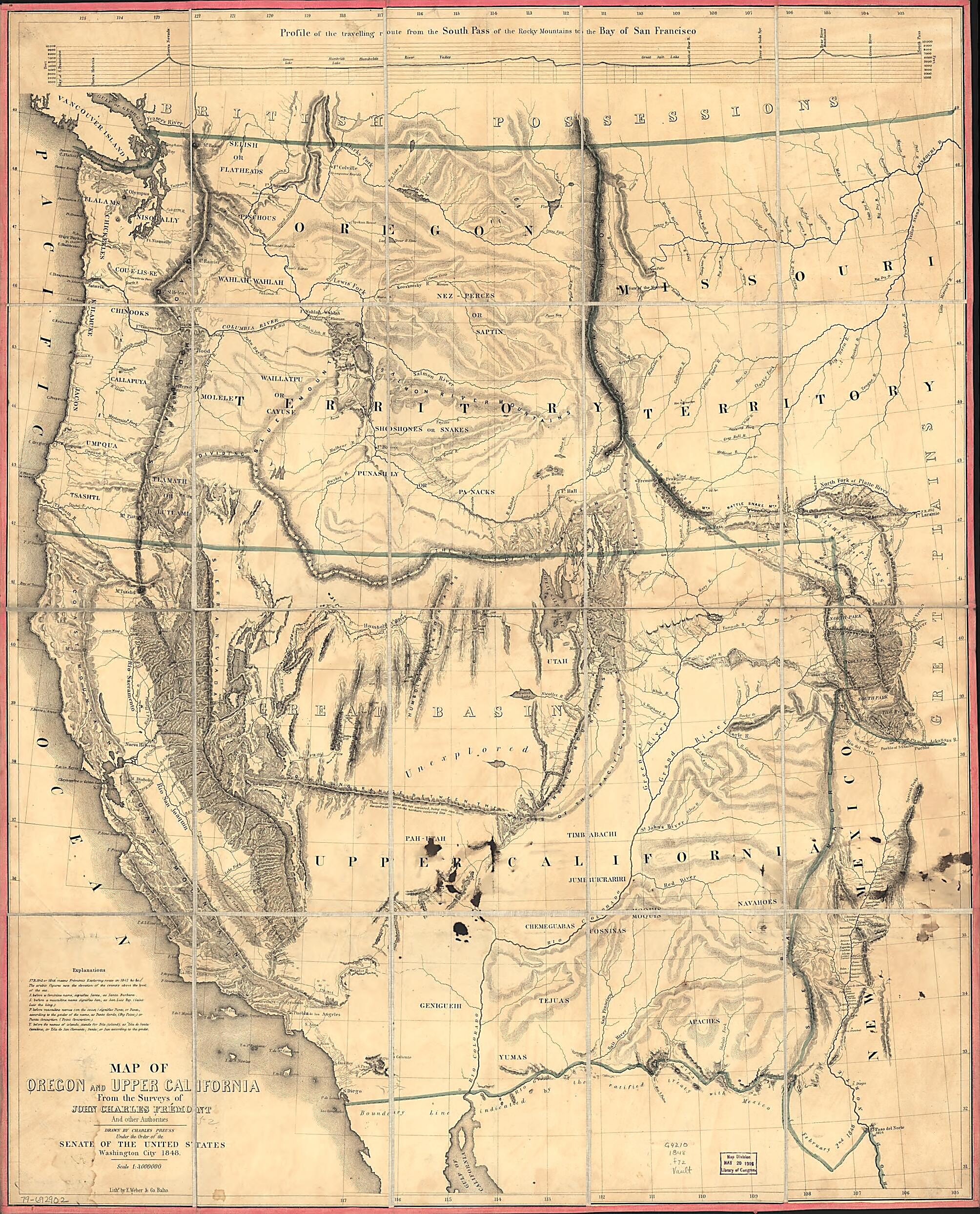 This old map of Map of Oregon and Upper California from the Surveys of John Charles Frémont and Other Authorities from 1848 was created by Edward Weber & Co, Millard Fillmore, John Charles Frémont, Charles Preuss, United States. Congress. Senate in 1