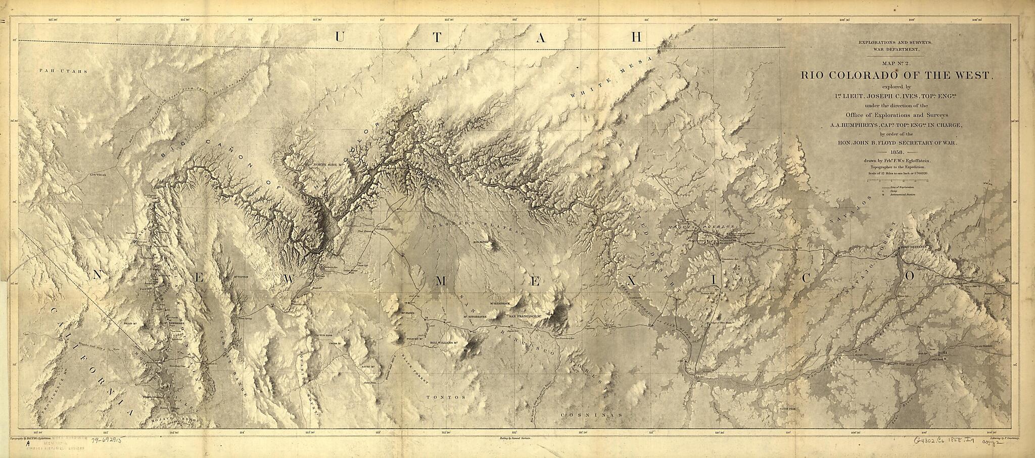 This old map of Rio Colorado of the West from 1858 was created by F. W. Egloffstein, A. A. (Andrew Atkinson) Humphreys, J. C. Ives, United States. Office of Explorations and Surveys in 1858