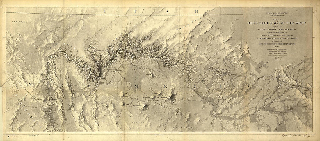 This old map of Rio Colorado of the West from 1858 was created by F. W. Egloffstein, A. A. (Andrew Atkinson) Humphreys, J. C. Ives, United States. Office of Explorations and Surveys in 1858