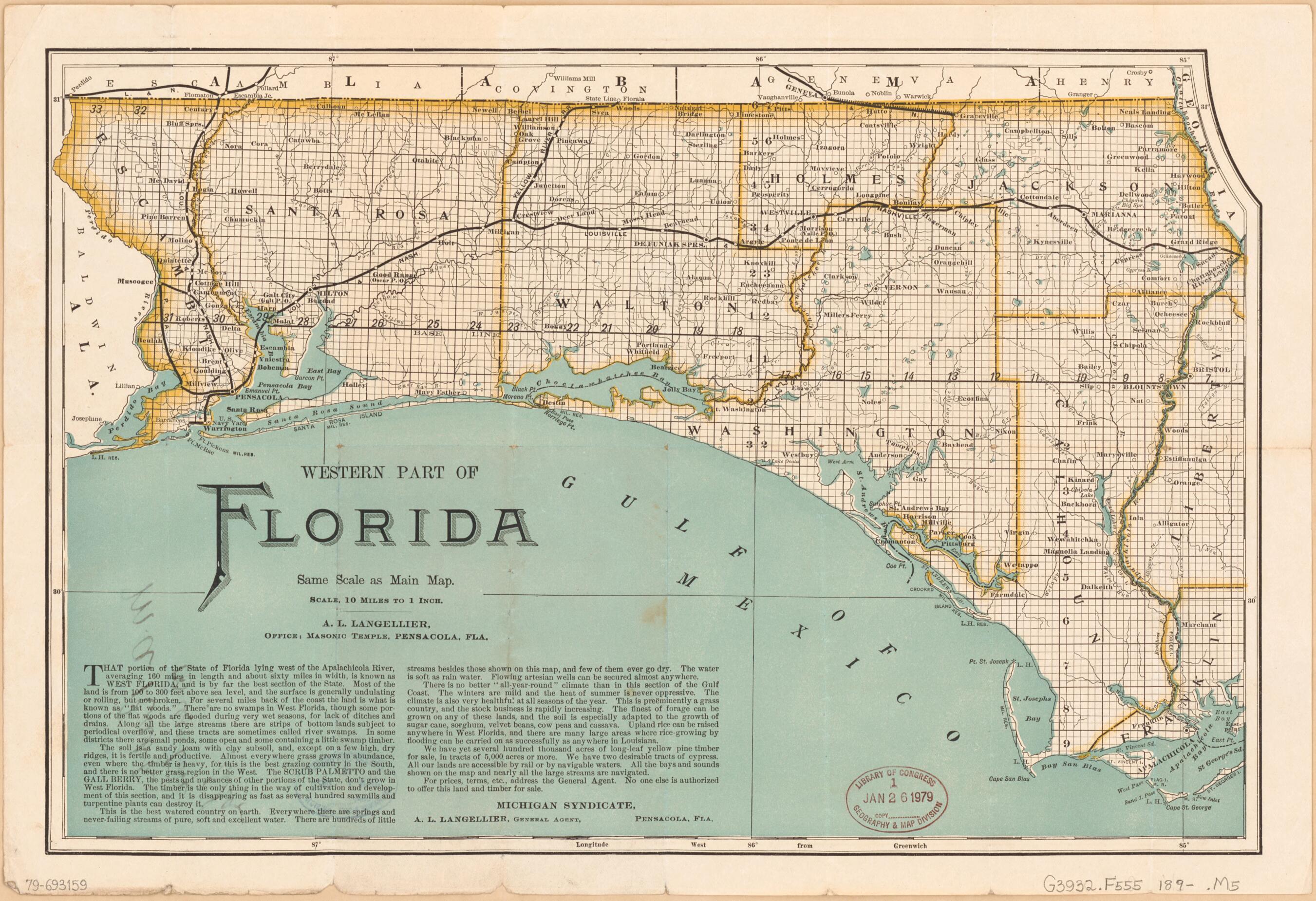 This old map of Western Part of Florida from 1890 was created by A. L. Langellier, Michigan Syndicate in 1890
