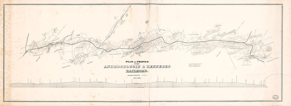This old map of Plan and Profile of the Androscoggin & Kennebec Railroad from 1849 was created by Edward Appleton, J.H. Bufford & Co, W. A. Williams in 1849