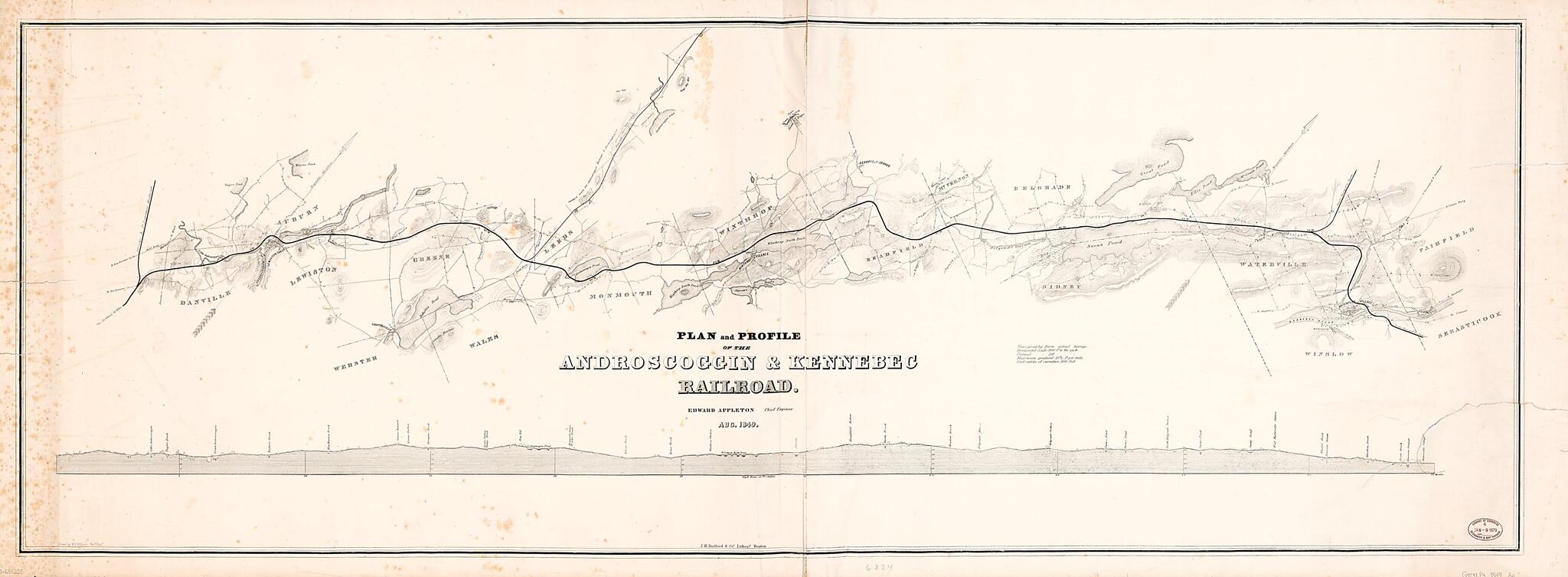 This old map of Plan and Profile of the Androscoggin & Kennebec Railroad from 1849 was created by Edward Appleton, J.H. Bufford & Co, W. A. Williams in 1849