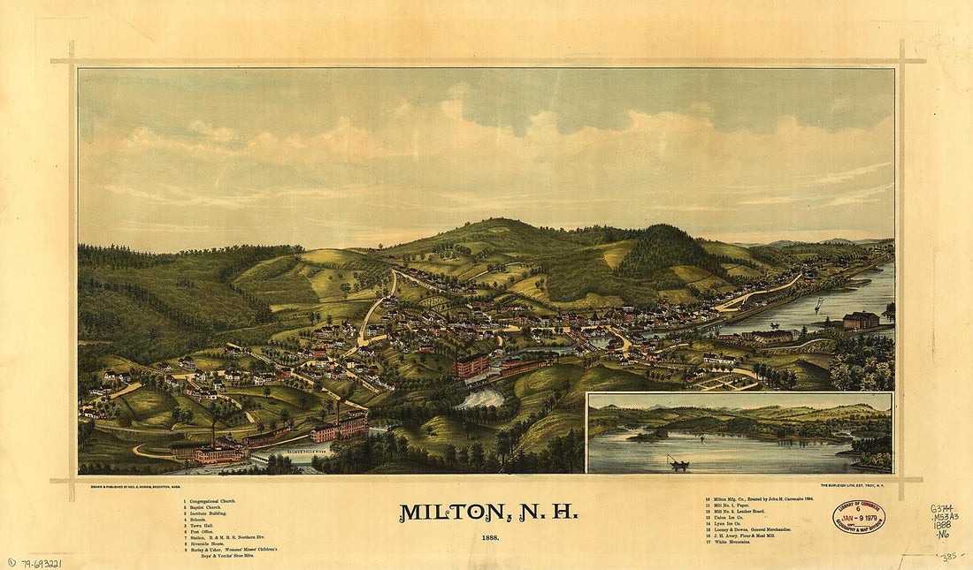 This old map of Milton, New Hampshire, from 1888 was created by Burleigh Litho, George E. Norris in 1888
