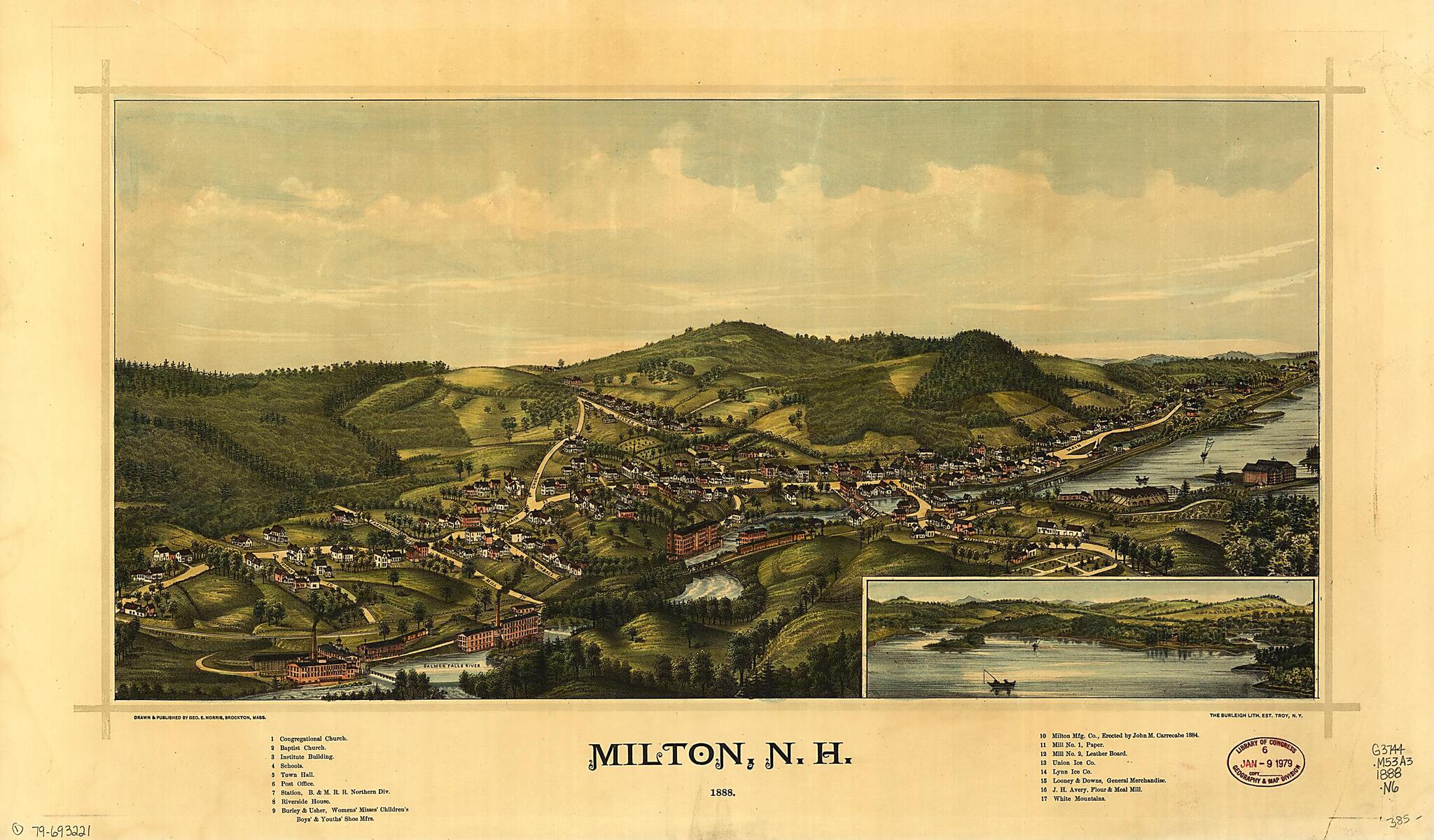 This old map of Milton, New Hampshire, from 1888 was created by Burleigh Litho, George E. Norris in 1888