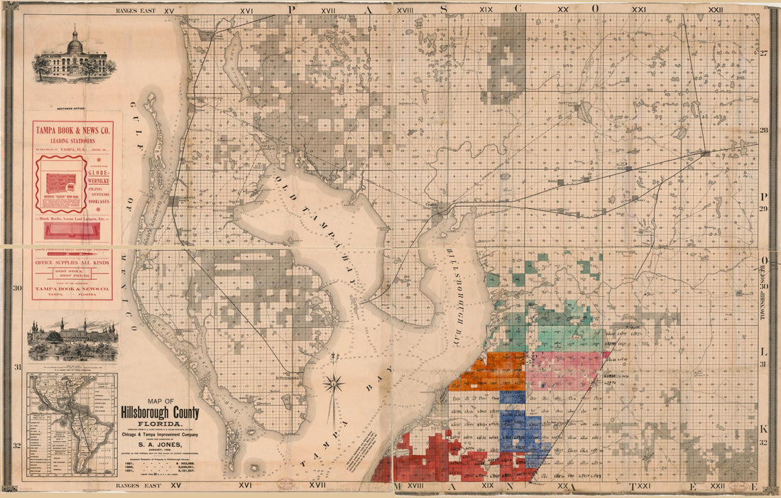 This old map of Map of Hillsborough County, Florida from 1892 was created by Chicago & Tampa Improvement Company, S. A. Jones, Rand McNally and Company in 1892