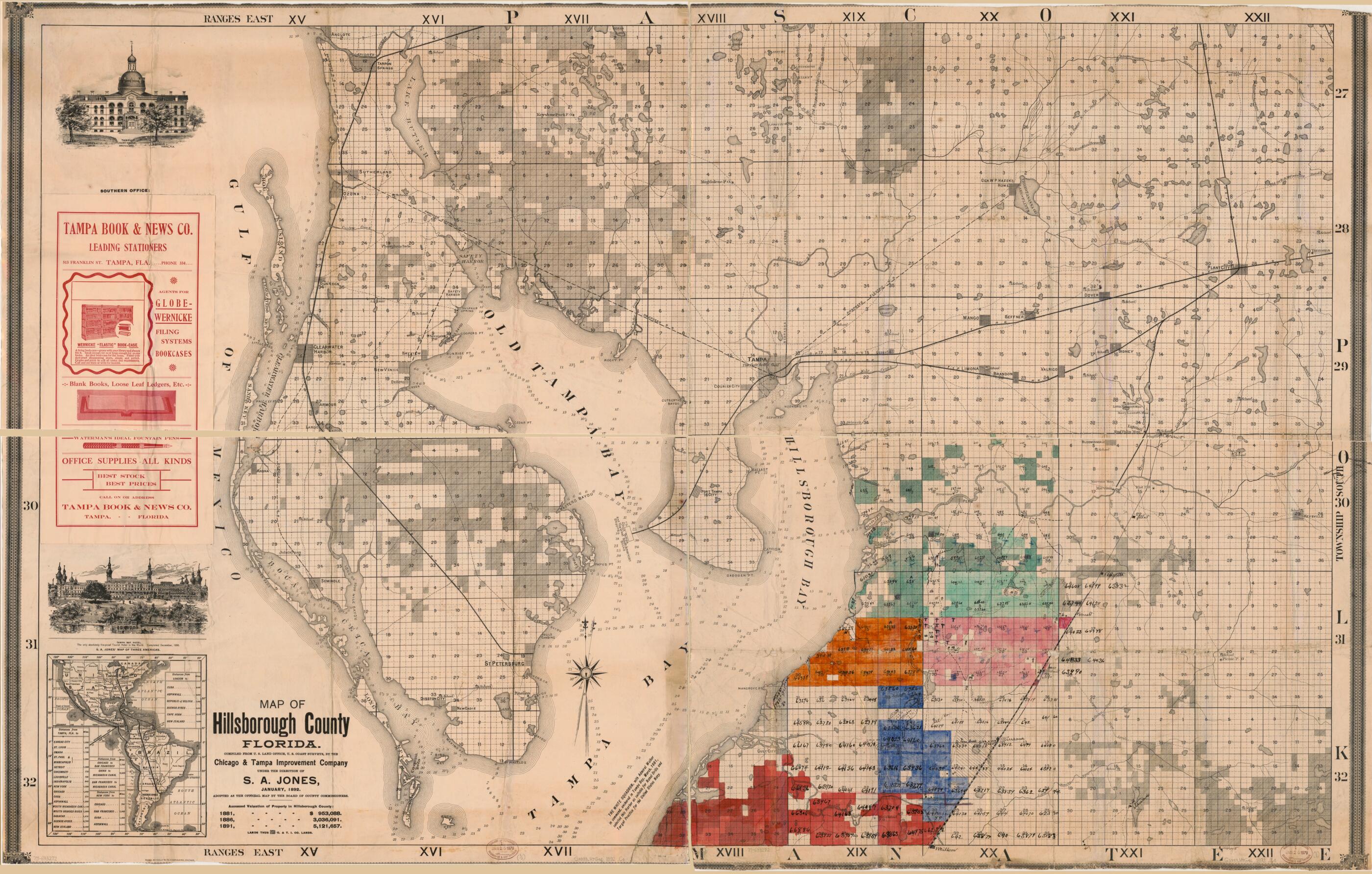 This old map of Map of Hillsborough County, Florida from 1892 was created by Chicago & Tampa Improvement Company, S. A. Jones, Rand McNally and Company in 1892