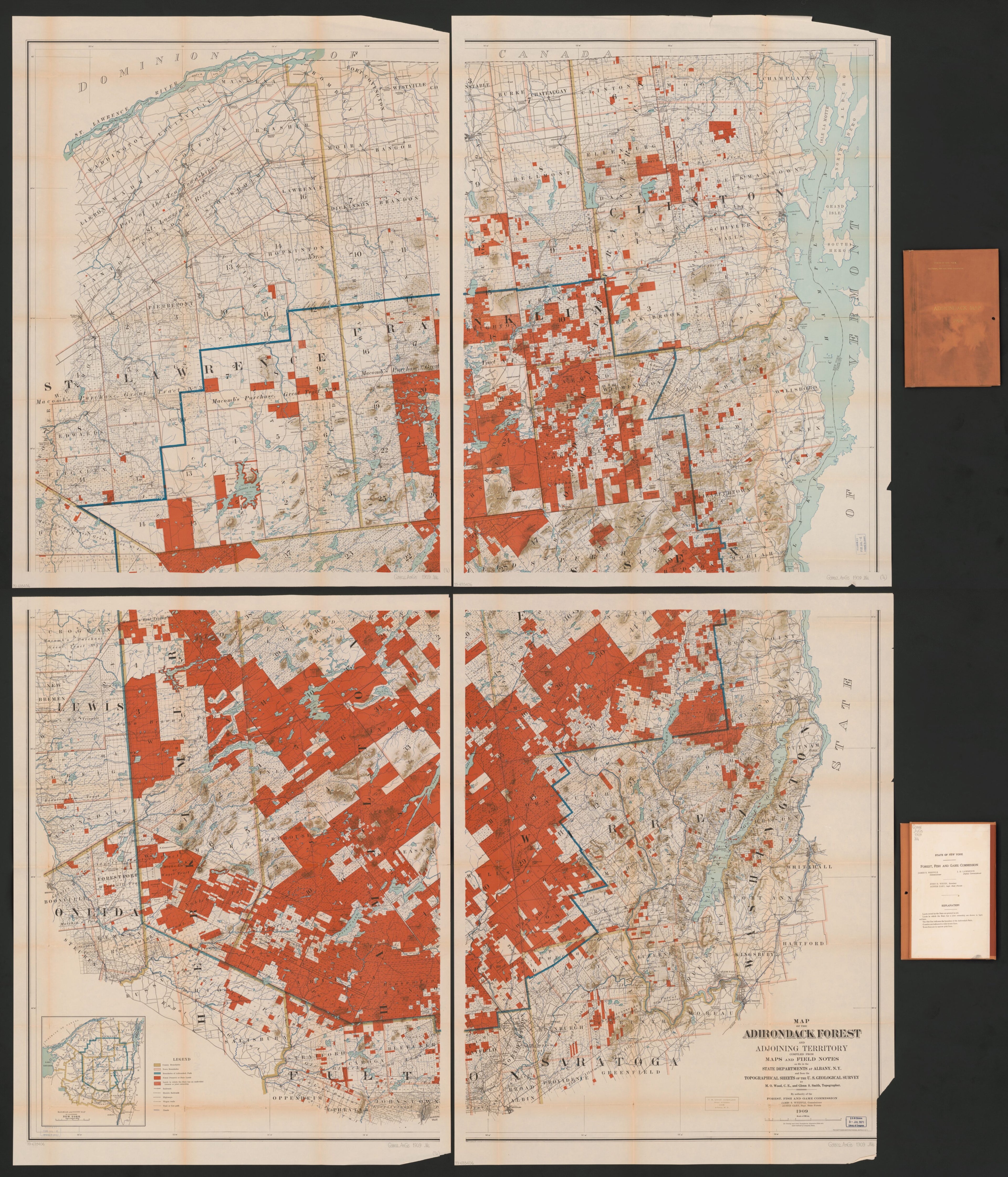 This old map of Map of the Adirondack Forest and Adjoining Territory from 1909 was created by Northrup Company, Fish New York (State). Forest, Glenn Shepard Smith, M. O. Wood in 1909