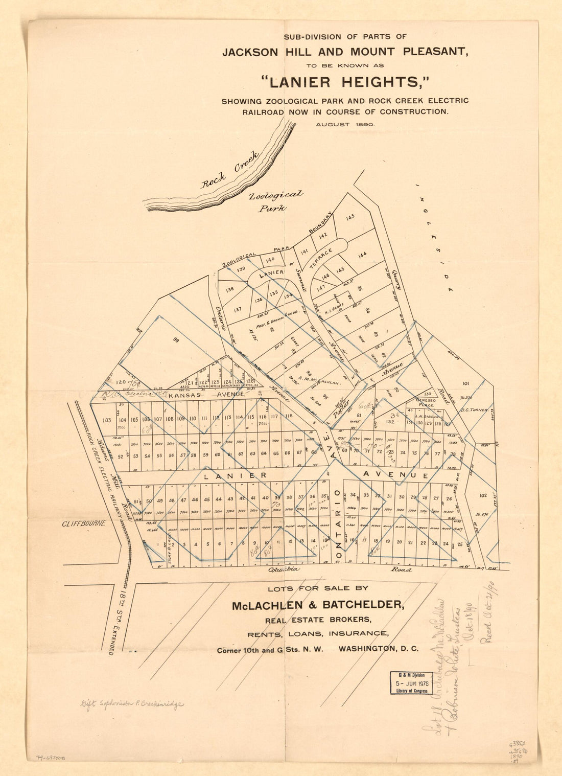 This old map of Division of Parts of Jackson Hill and Mount Pleasant, to Be Known As Lanier Heights : Showing Zoological Park and Rock Creek Electric Railroad Now In Course of Construction, August from 1890 was created by McLachlen & Batchelder in 1890