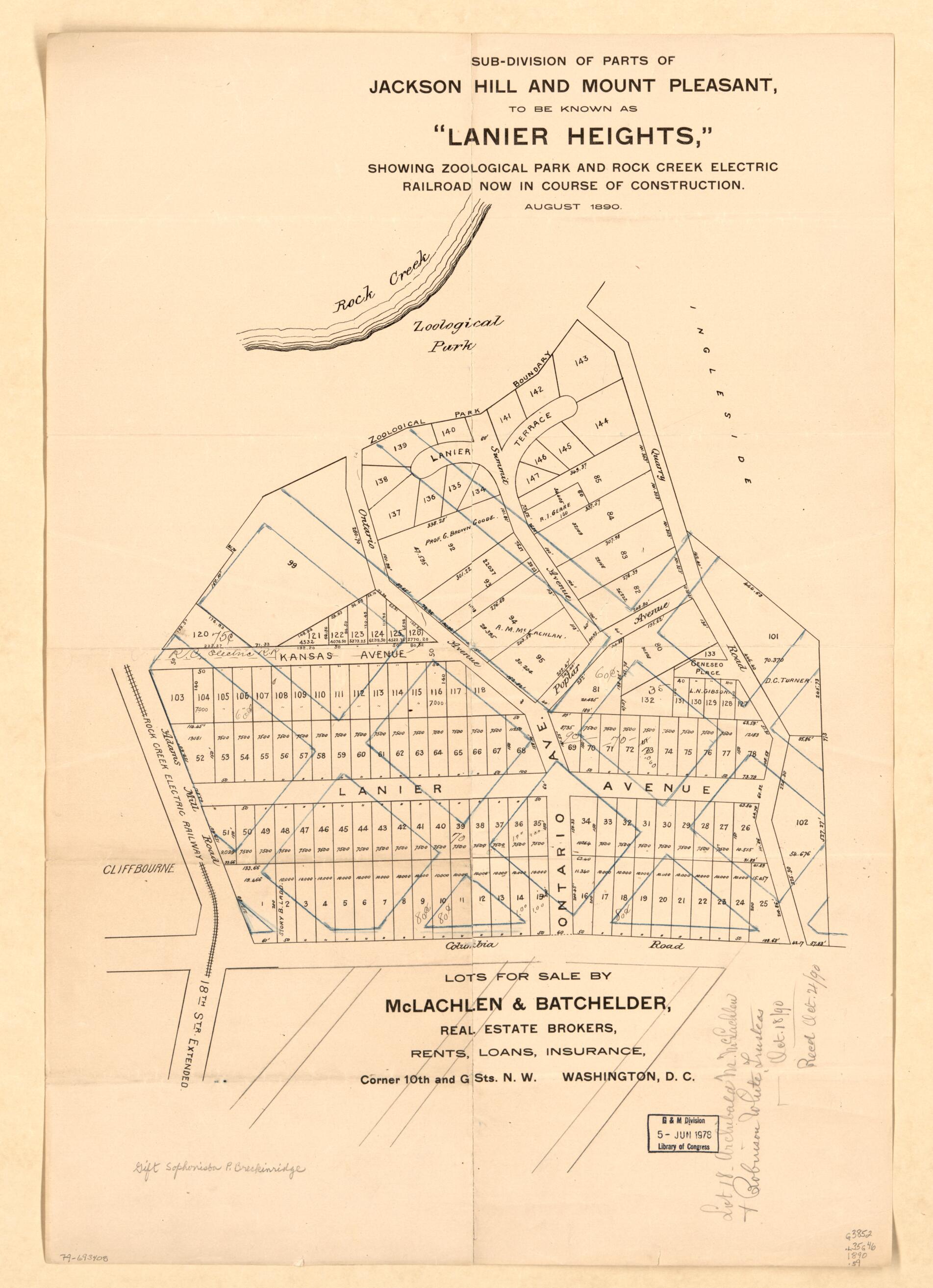 This old map of Division of Parts of Jackson Hill and Mount Pleasant, to Be Known As Lanier Heights : Showing Zoological Park and Rock Creek Electric Railroad Now In Course of Construction, August from 1890 was created by McLachlen & Batchelder in 1890