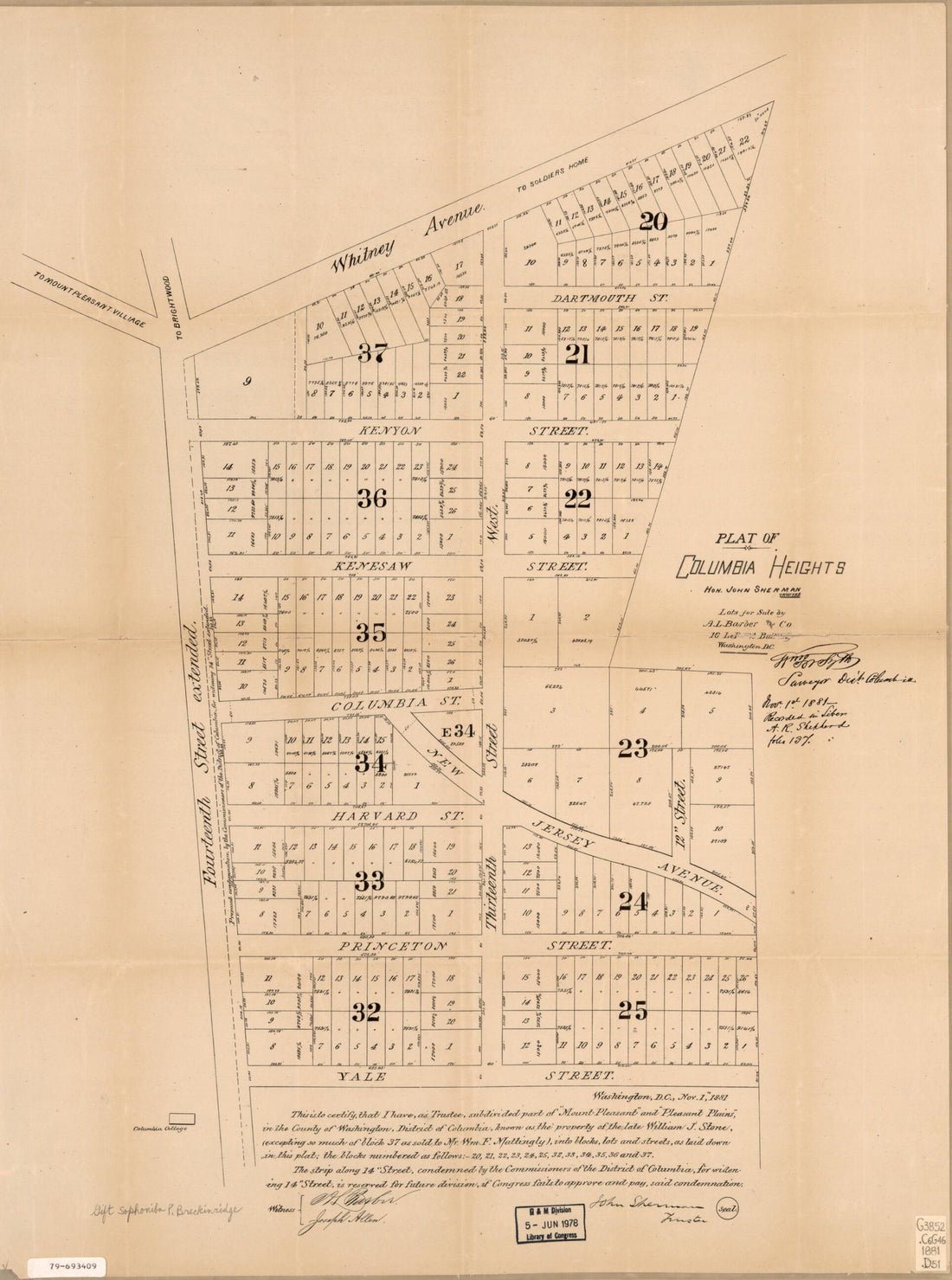 This old map of Plat of Columbia Heights : Hon. John Sherman, Trustee from 1881 was created by A.L. Barber and Co, District of Columbia. Office of the Surveyor, William Forsyth, John Sherman in 1881