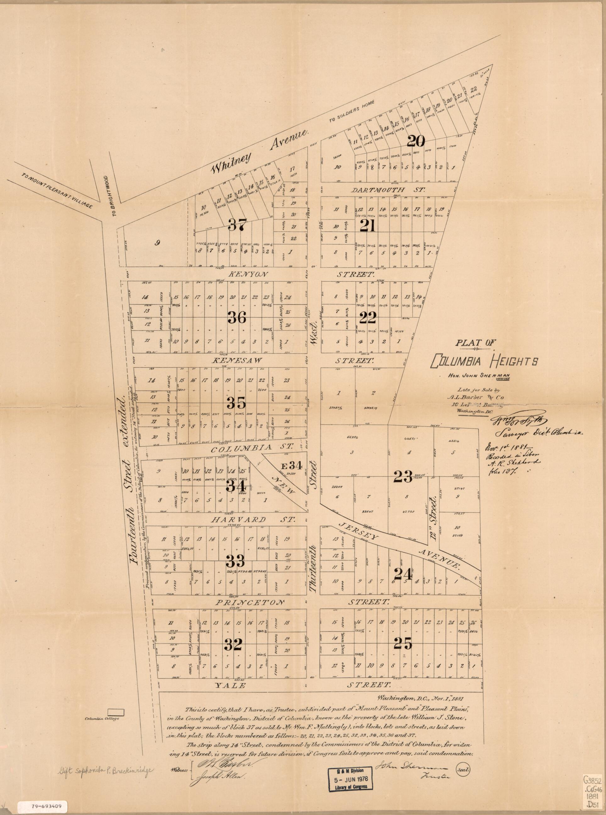 This old map of Plat of Columbia Heights : Hon. John Sherman, Trustee from 1881 was created by A.L. Barber and Co, District of Columbia. Office of the Surveyor, William Forsyth, John Sherman in 1881