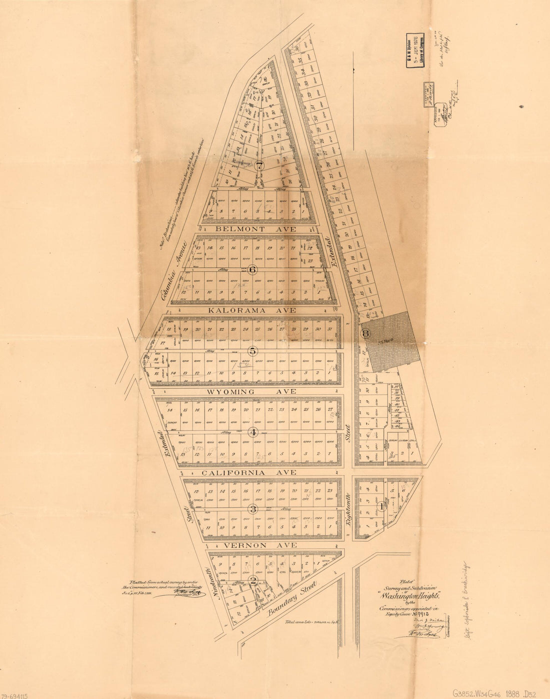 This old map of Plat of Survey and Subdivision of Washington Heights : by the Commissioners Appointed In Equity Cause No. 9912 from 1888 was created by District of Columbia. Board of Commissioners, District of Columbia. Office of the Surveyor, William