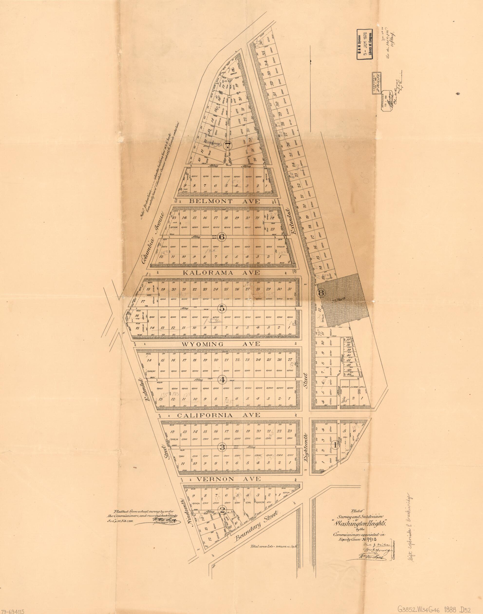 This old map of Plat of Survey and Subdivision of Washington Heights : by the Commissioners Appointed In Equity Cause No. 9912 from 1888 was created by District of Columbia. Board of Commissioners, District of Columbia. Office of the Surveyor, William