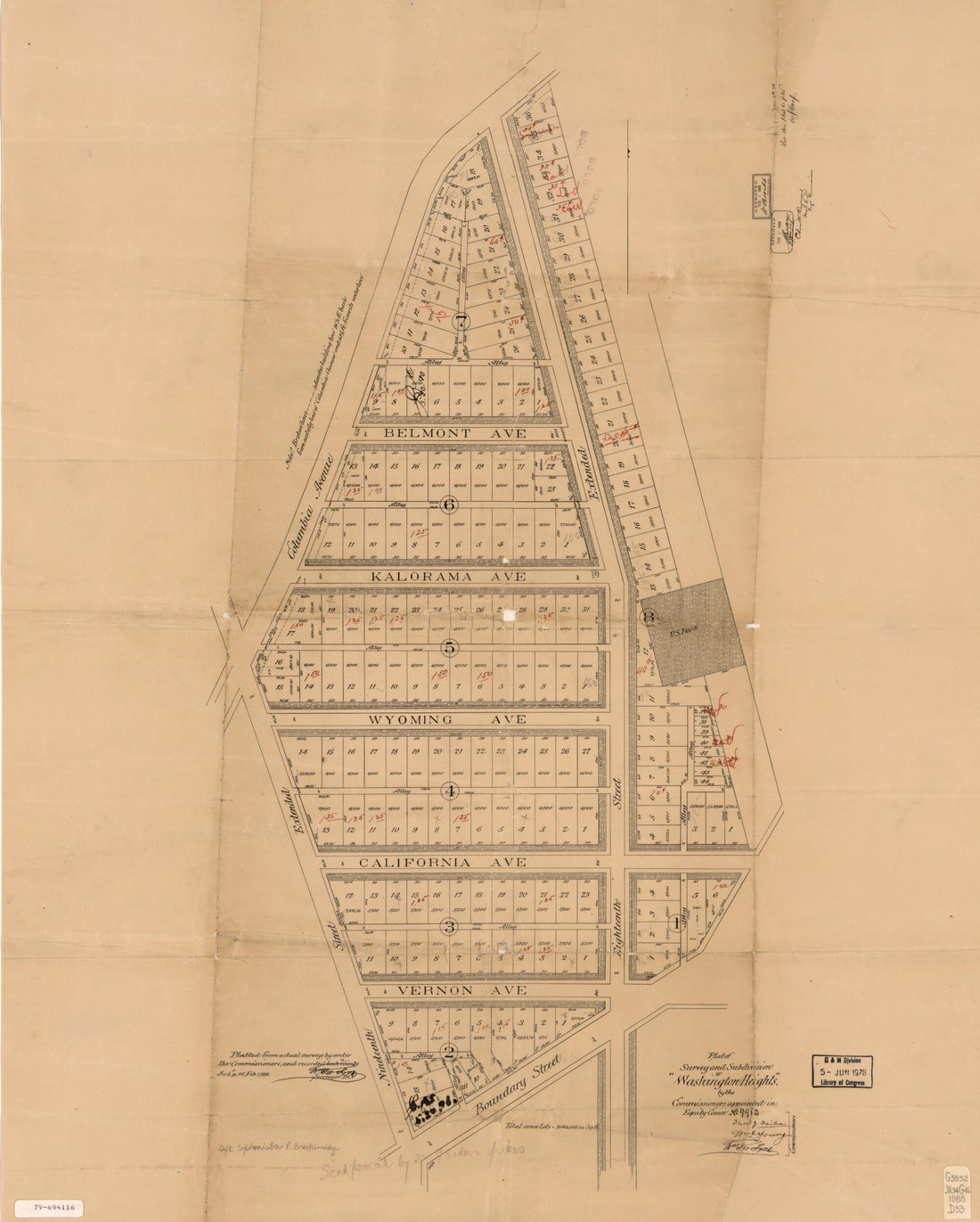 This old map of Plat of Survey and Subdivision of Washington Heights : by the Commissioners Appointed In Equity Cause No. 9912 from 1888 was created by District of Columbia. Board of Commissioners, District of Columbia. Office of the Surveyor, William