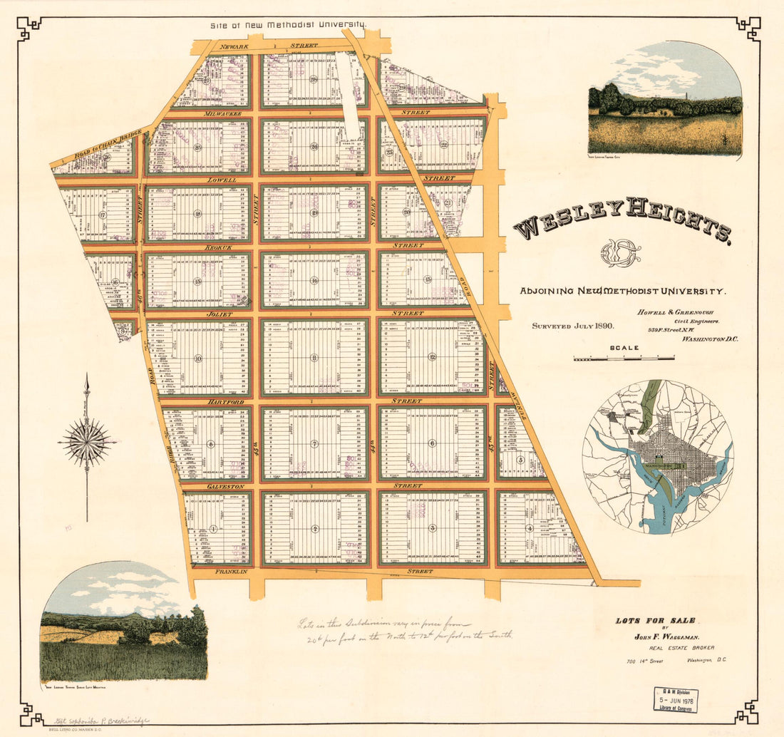 This old map of Wesley Heights, Adjoining New Methodist University from 1890 was created by Howell & Greenough, John F. Waggaman in 1890