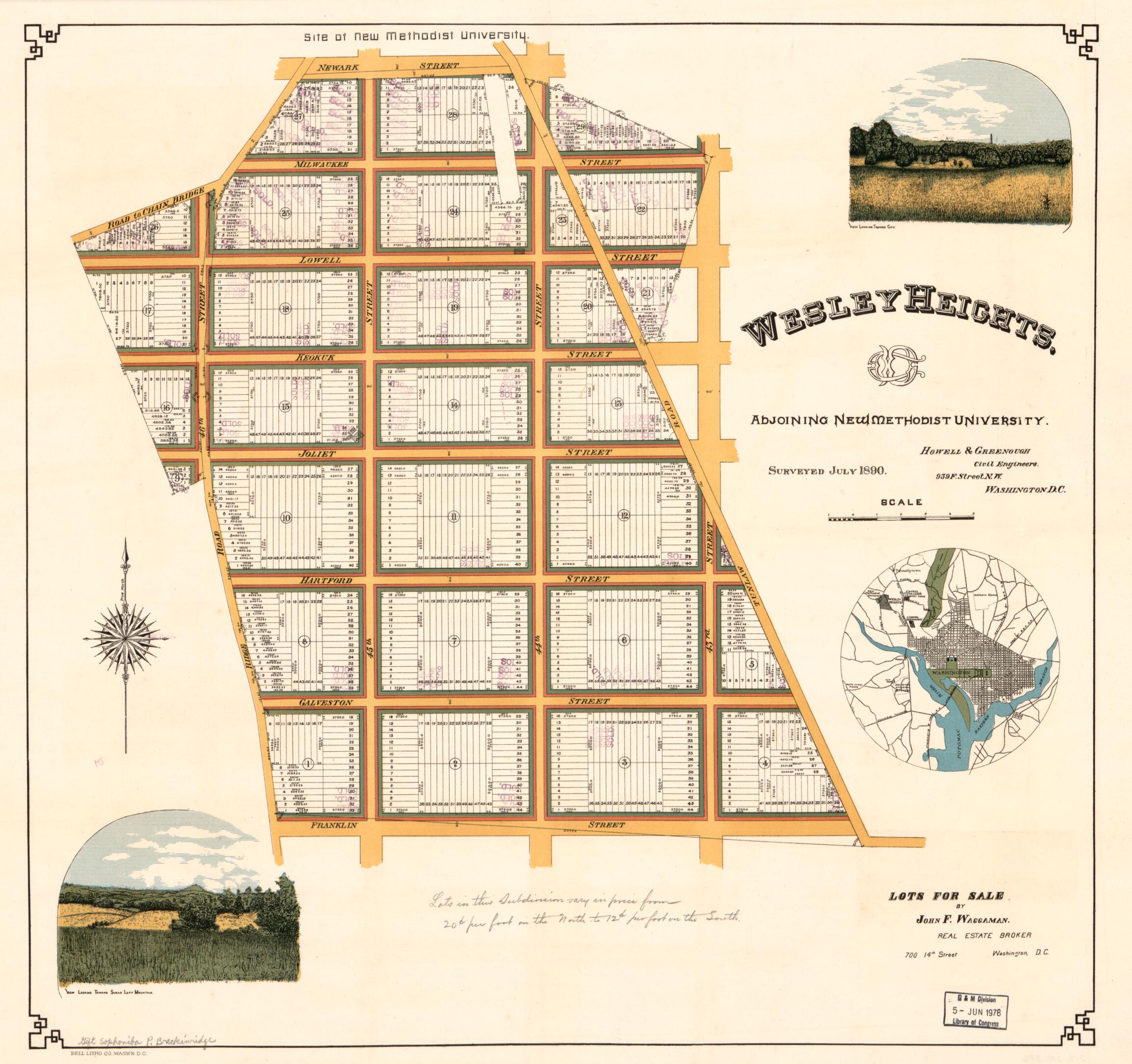 This old map of Wesley Heights, Adjoining New Methodist University from 1890 was created by Howell & Greenough, John F. Waggaman in 1890