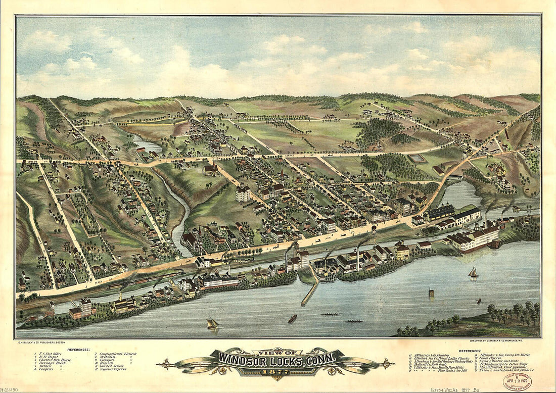 This old map of View of Windsor Locks, Connecticut, from 1877 was created by J. Knauber & Co, O.H. Bailey & Co in 1877