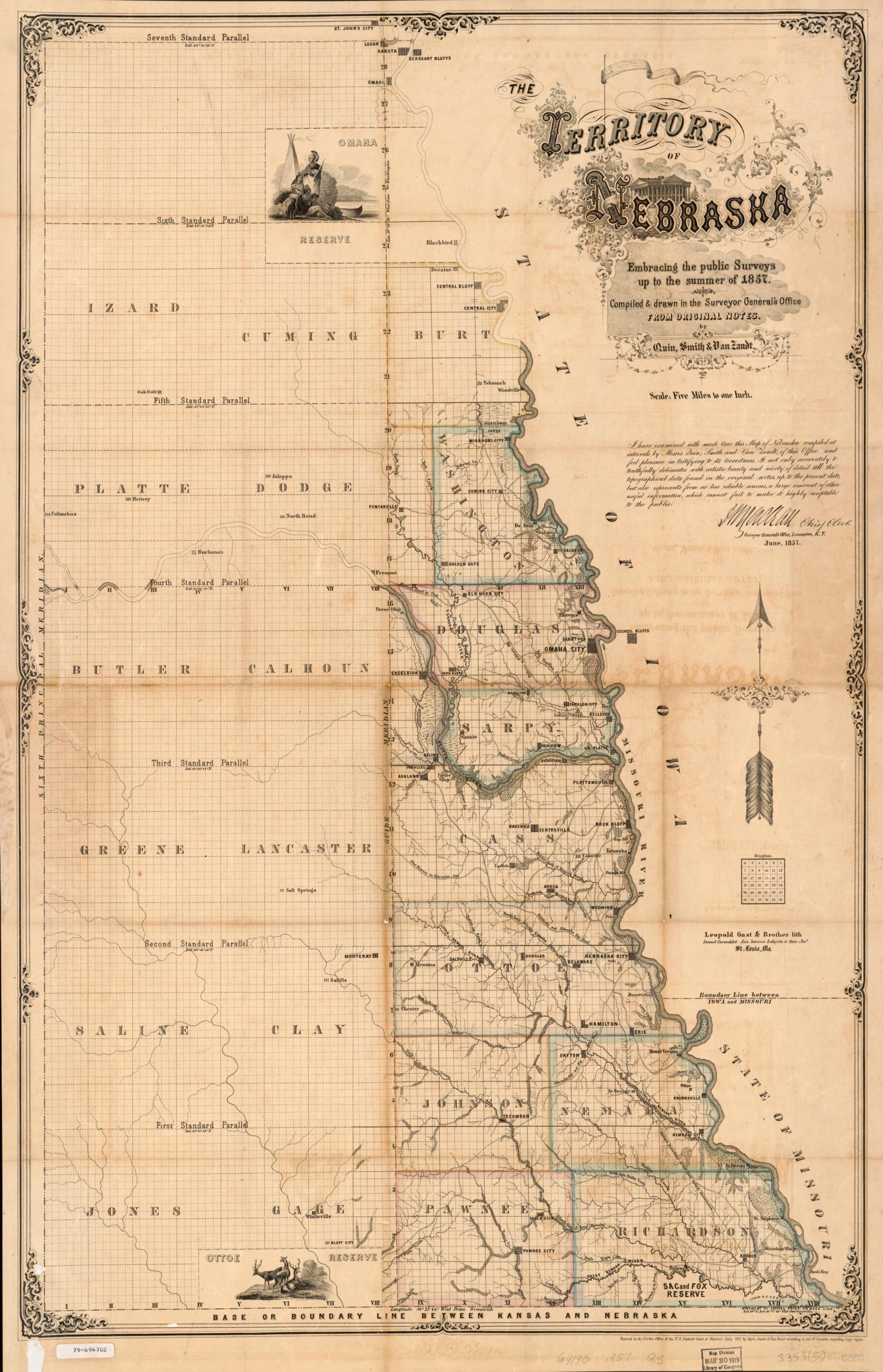 This old map of The Territory of Nebraska : Embracing the Public Surveys Up to the Summer of from 1857 was created by Leopold Gast & Brother, Smith & Van Zandt Quin in 1857
