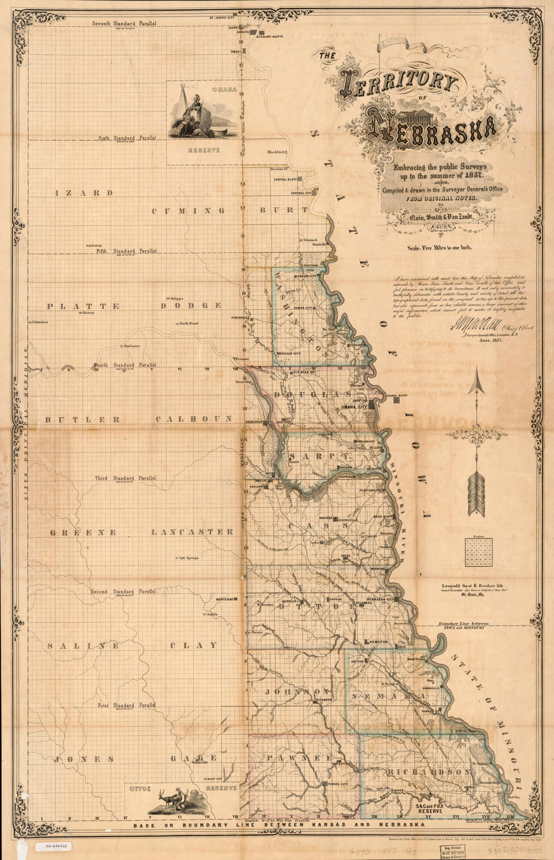 This old map of The Territory of Nebraska : Embracing the Public Surveys Up to the Summer of from 1857 was created by Leopold Gast & Brother, Smith & Van Zandt Quin in 1857