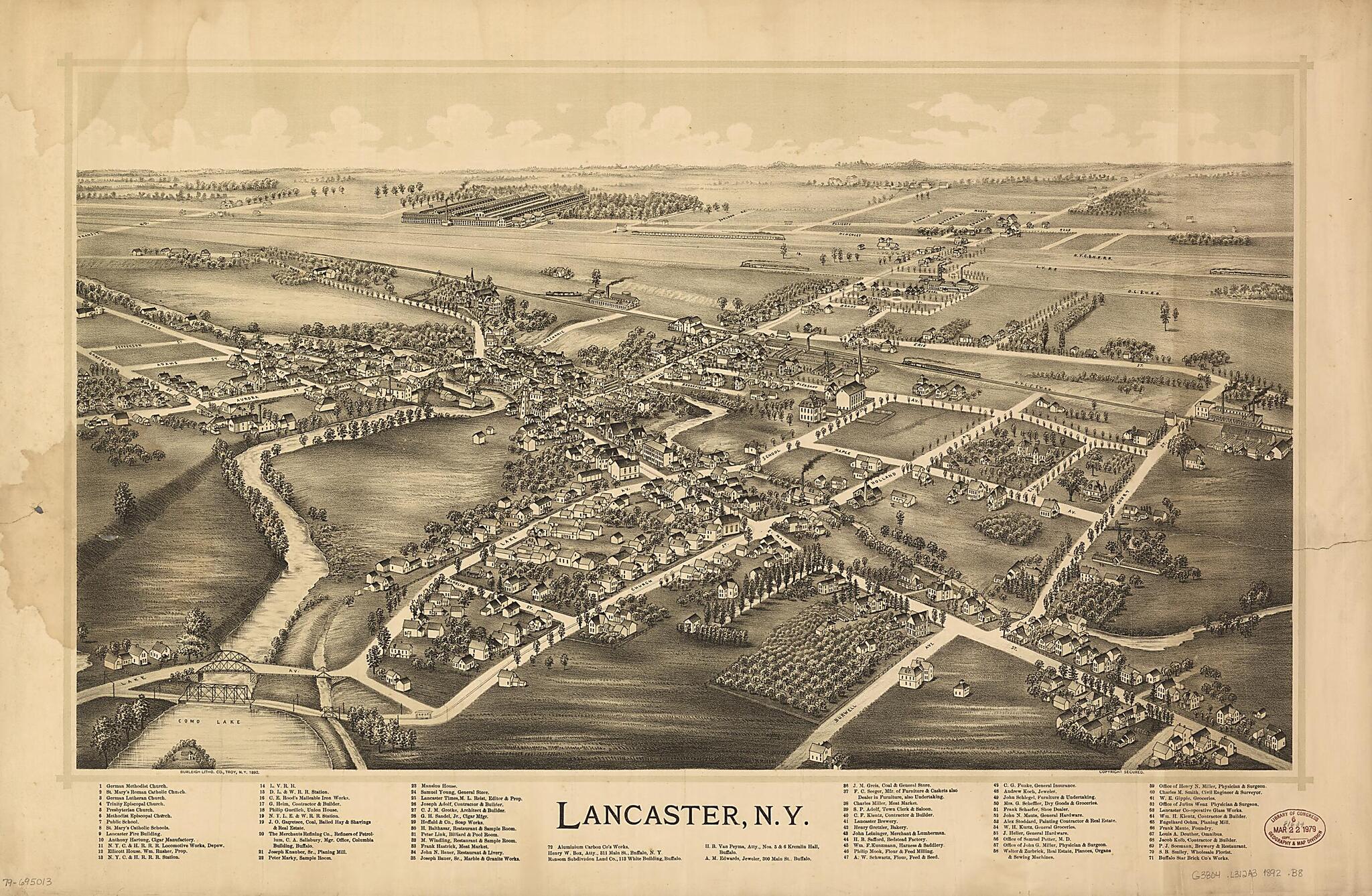 This old map of Lancaster, New York from 1892 was created by Burleigh Litho in 1892