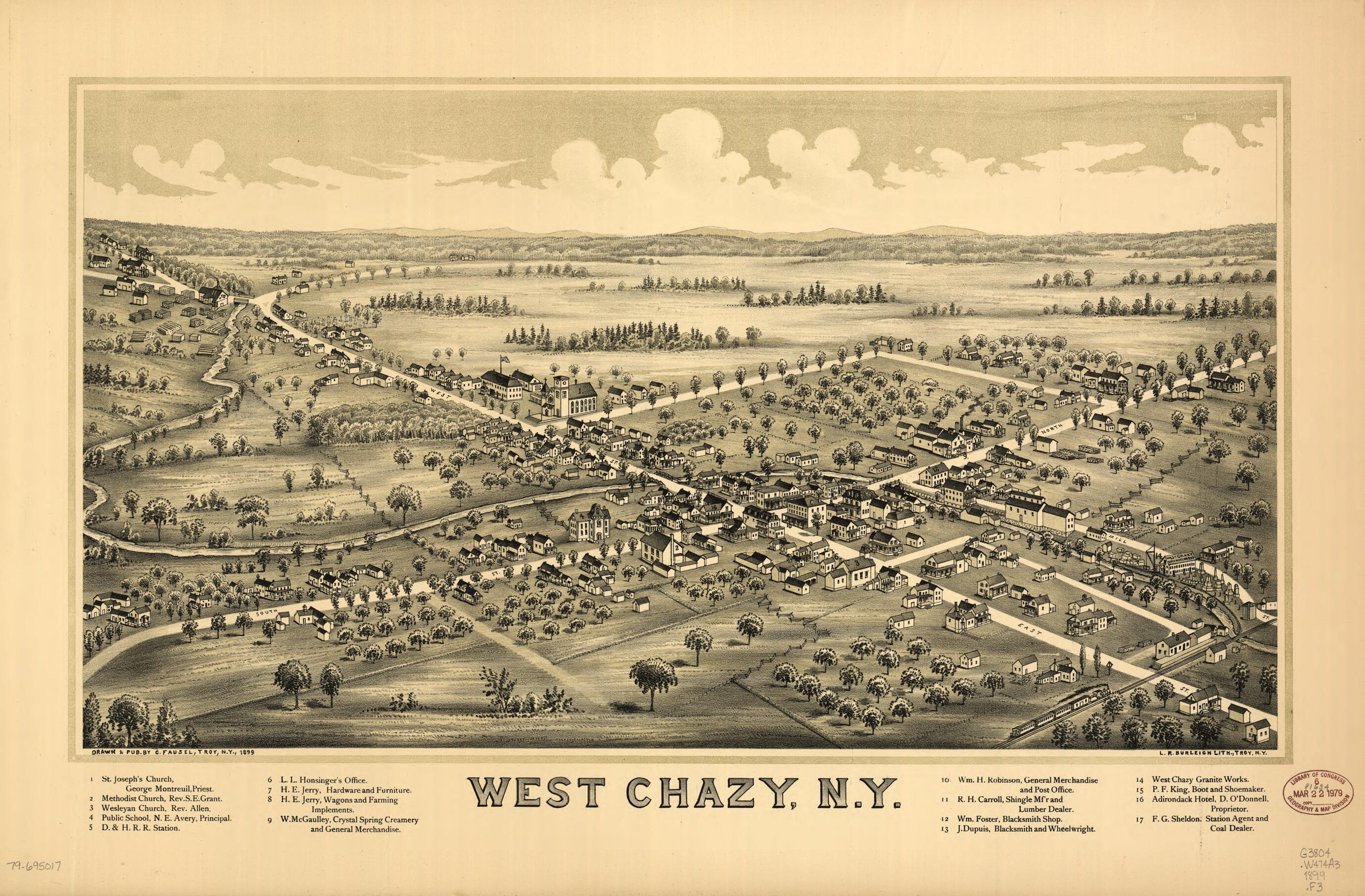 This old map of West Chazy, New York from 1899 was created by Burleigh Litho, C. (Christian) Fausel in 1899