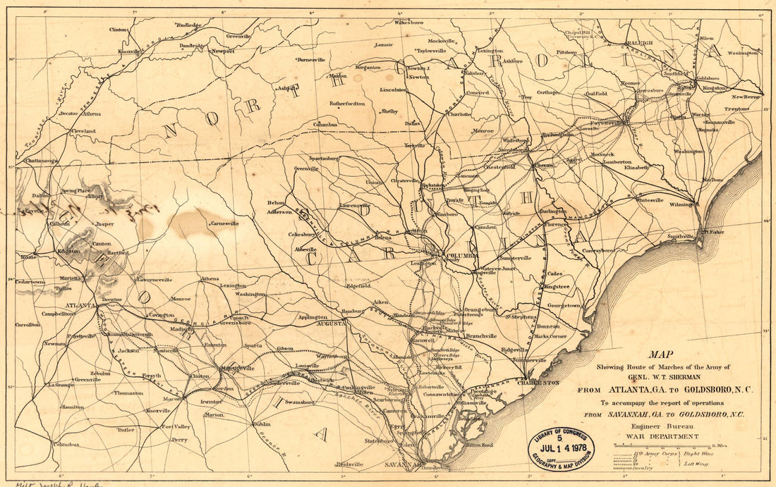 This old map of Map Showing Route of Marches of the Army of Genl. W. T. Sherman from Atlanta, Georgia, to Goldsboro, N.C. : to Accompany the Report of Operations from Savannah, Georgia, to Goldsboro, N.C from 1865 was created by Joseph R. (Joseph Roswell