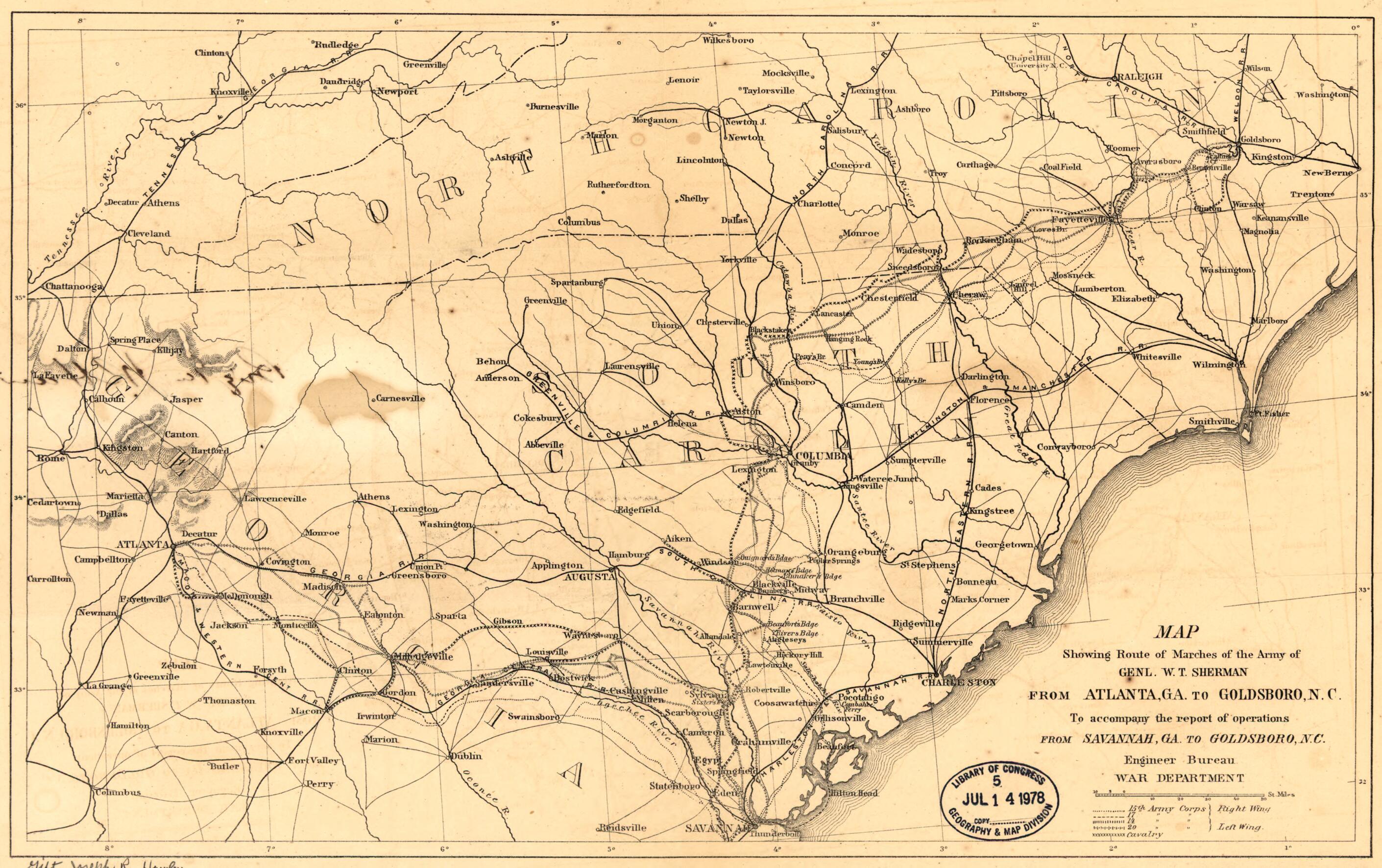 This old map of Map Showing Route of Marches of the Army of Genl. W. T. Sherman from Atlanta, Georgia, to Goldsboro, N.C. : to Accompany the Report of Operations from Savannah, Georgia, to Goldsboro, N.C from 1865 was created by Joseph R. (Joseph Roswell