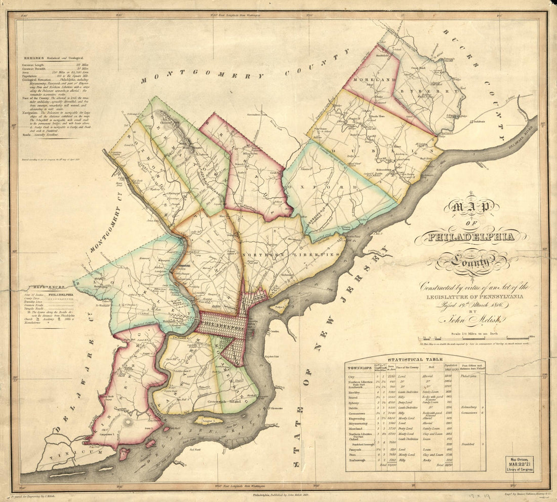 This old map of Map of Philadelphia County : Constructed by Virtue of an Act of the Legislature of Pennsylvania Passed 19th March 1816 from 1819 was created by John Melish, Vallance Tanner in 1819