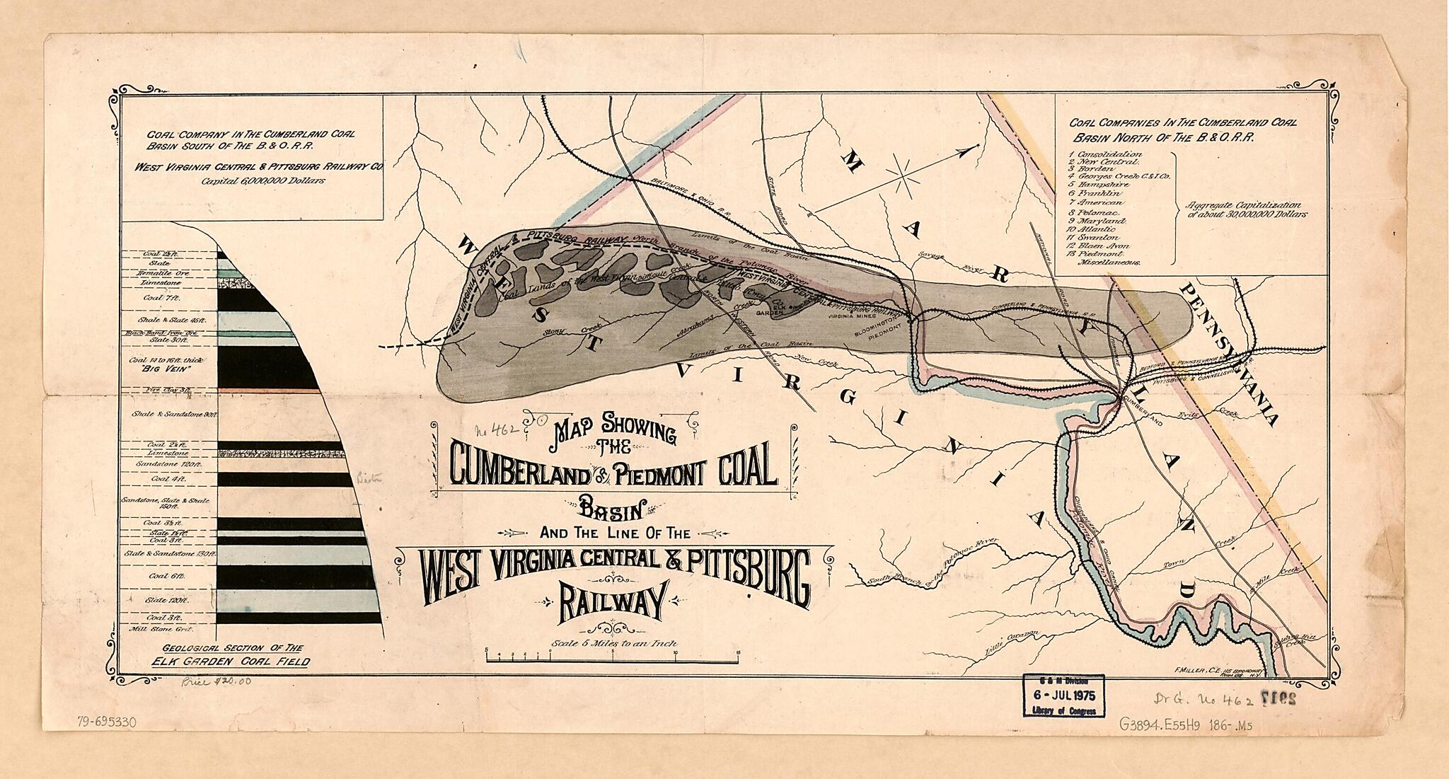 This old map of Map Showing the Cumberland Or Piedmont Coal Basin and the Line of the West Virginia Central & Pittsburg Railway from 1860 was created by Frederick Miller in 1860