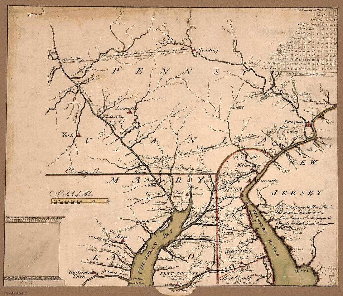 This old map of Map of Proposed Roads Through the Southeastern Part of Pennsylvania, the Northeastern Part of Maryland, and the Northern Part of Delaware from 1771 was created by American Philosophical Society in 1771