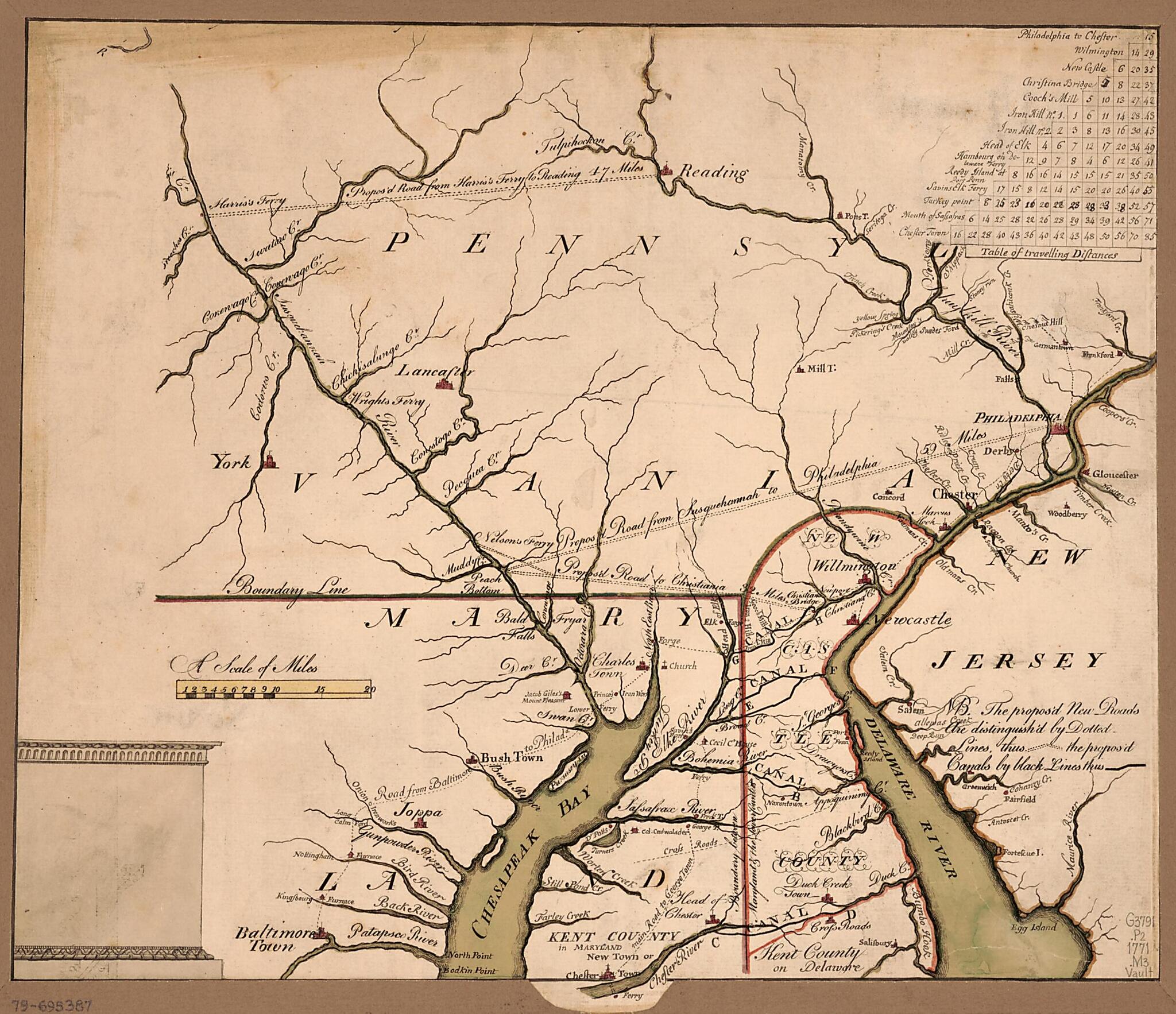 This old map of Map of Proposed Roads Through the Southeastern Part of Pennsylvania, the Northeastern Part of Maryland, and the Northern Part of Delaware from 1771 was created by American Philosophical Society in 1771