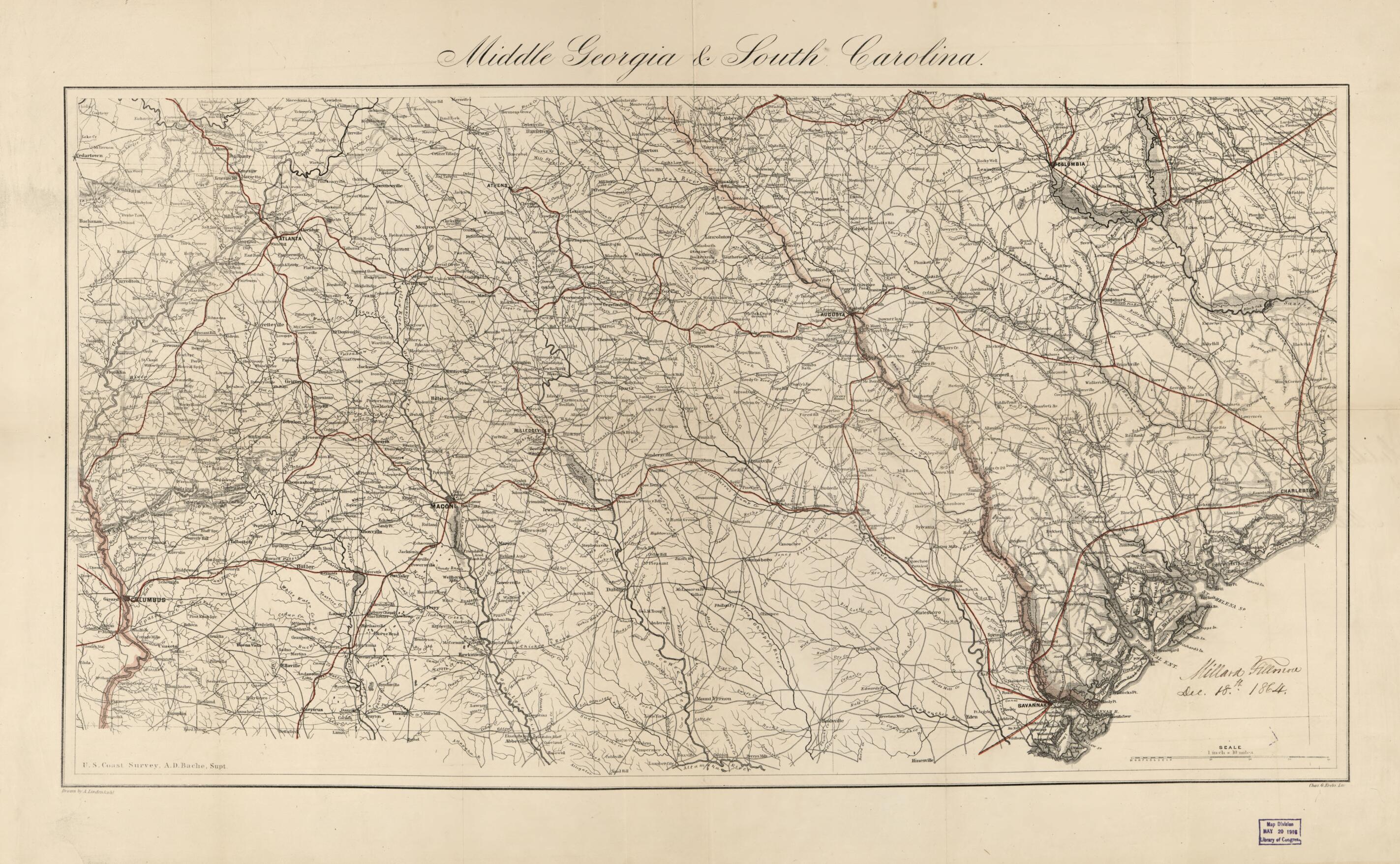 This old map of Middle Georgia & South Carolina (Middle Georgia and South Carolina) from 1865 was created by A. D. (Alexander Dallas) Bache, Millard Fillmore, Joseph R. (Joseph Roswell) Hawley, Charles G. Krebs, A. Lindenkohl, United States Coast Survey
